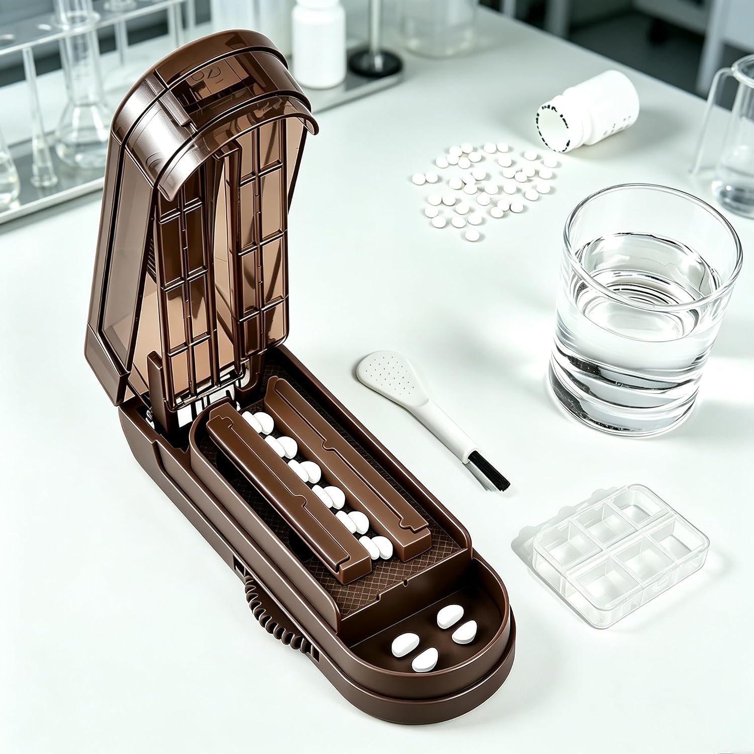 Pill Cutter Splitter for Small and Tiny Pills,Accurate 1/2 Pill Splitter for Cutting Multiple Pills with Adjustable Bars & Hidden Blade,Safely Cuts Small Pill & Large Tablets(Brown)