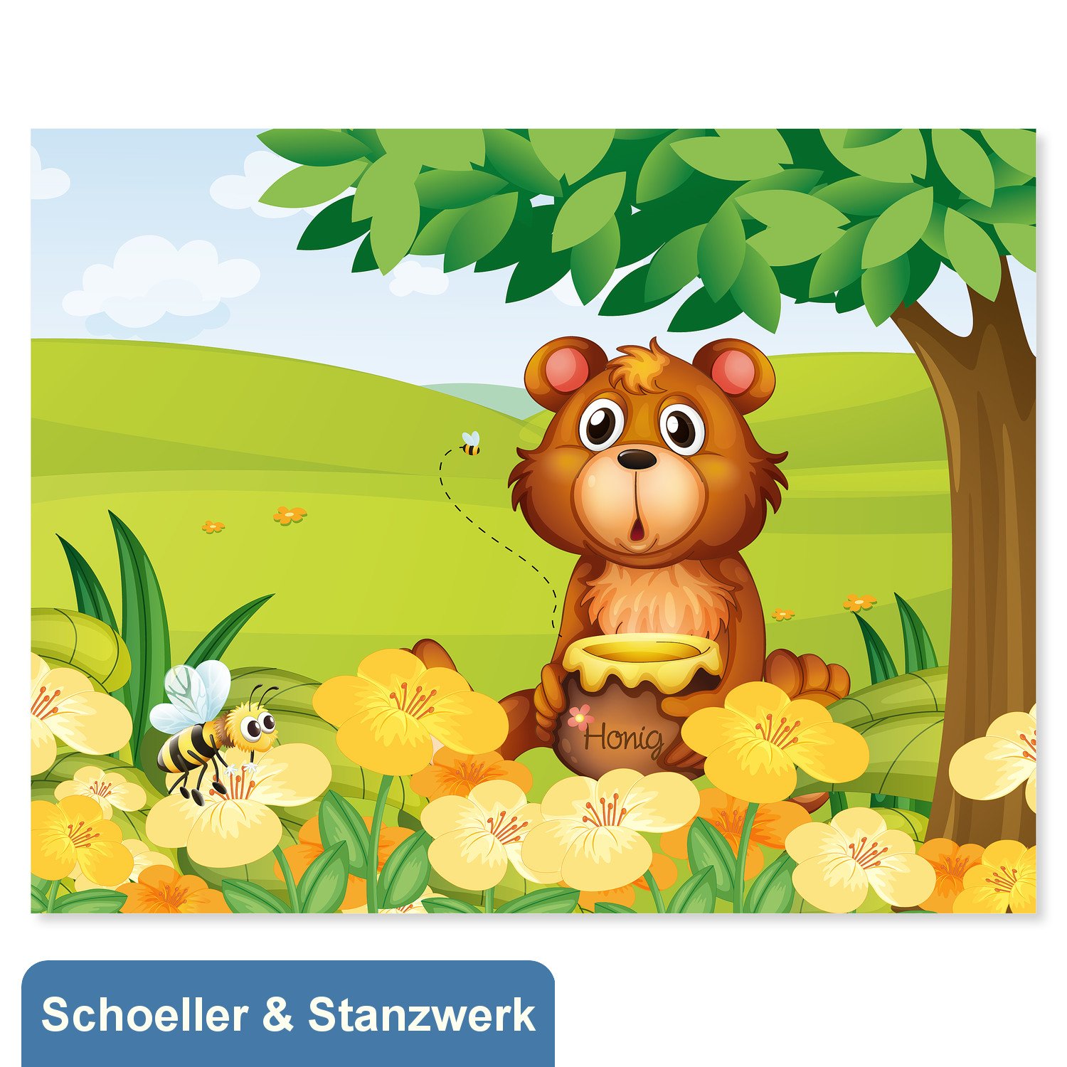 Schoeller & Stanzwerk© - 25 Stück 3-teilige Portraitmappe Kinder/Schulfotomappe für 13x18 cm Fotos - mit farbigem Druck "Honigbär"