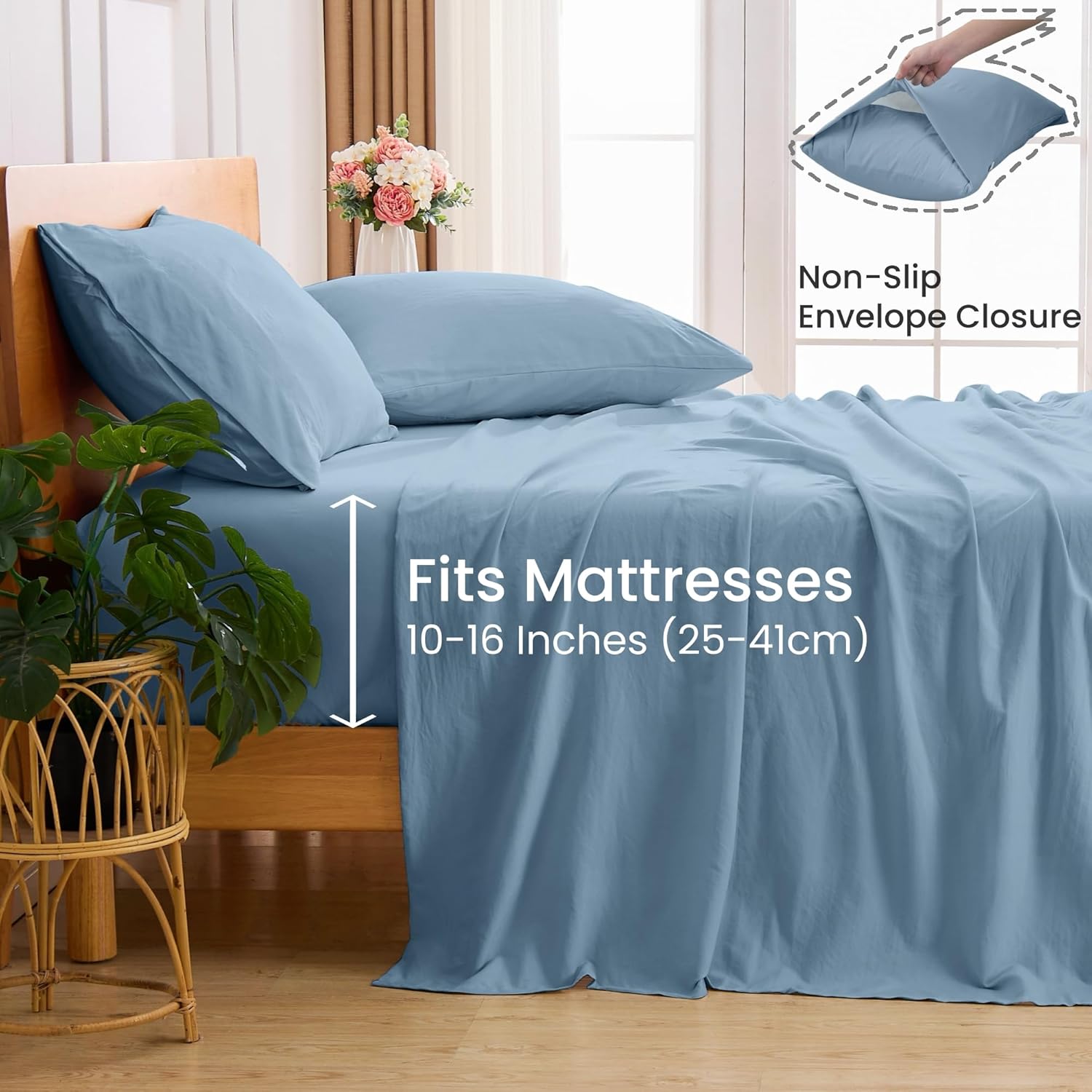 GOKOTTA 4-Pcs Queen Sheet Set, 16 Inch Deep Pocket Queen Sheets with Elastic Corner Straps, Brushed Microfiber Polyester - Hotel Luxury, Ultra Soft, Breathable, Anti-Rip, Wrinkle-Free - Dusty Blue