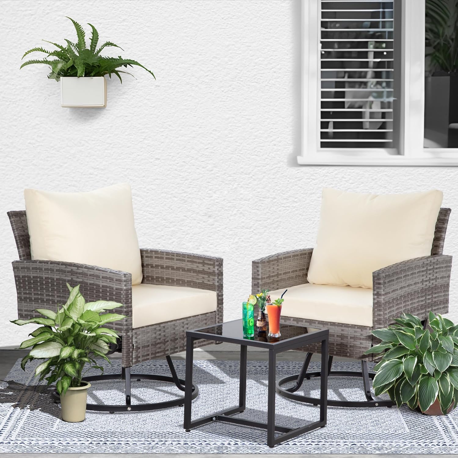 Outdoor Swivel Patio Chairs Set of 2, 3 Pieces Outdoor Wicker Apartment Balcony Furniture Sets with Thick Cushions,Rattan Table and Chairs Set of 2 Coffee Table for Porch Backyard-Beige