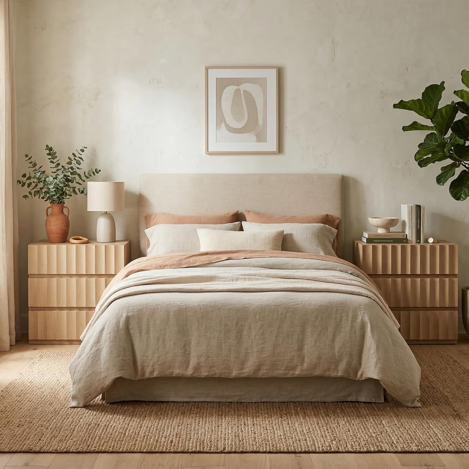 VividVibe Fluted Night Stand Set 2 Oversized Extra Large Nightstands Set of 2 Tall Bedside Side Table with 3 Drawers Storage Modern End Tables Wide Night Stands for Bedroom Couch Home Office Light Oak