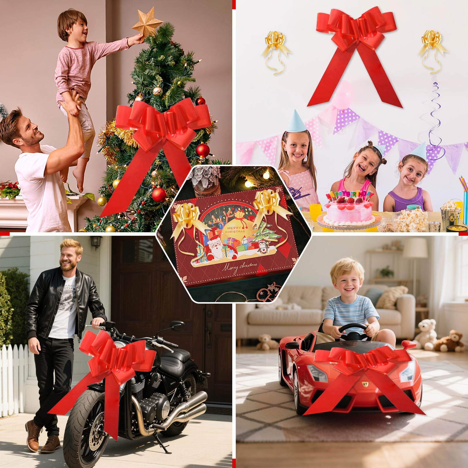 Lazo Grande para Regalo Coche 23 Inch Lazo Gigante Rojo para Decoracion Coche de Boda, Cumpleaños y Envoltorio de Regalo, Navidad y Fiesta, Nuevo Hogar + 2 Lazos de Cinta Dorado Pequeños y 2 Ventosas