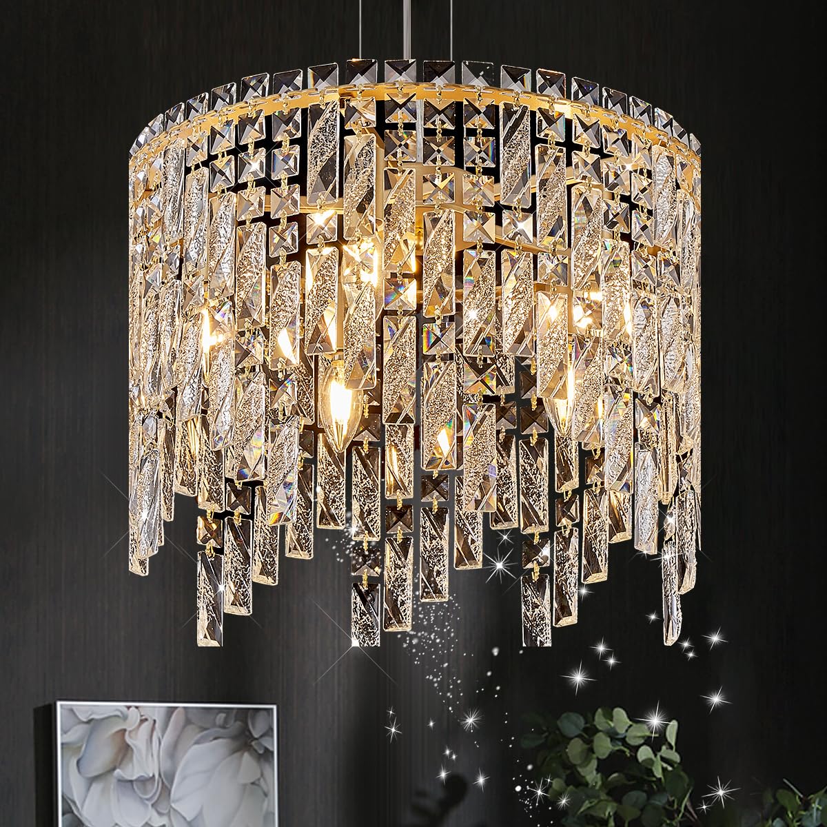 Poemoon Gold Chandelier Light Fixture Luxury Crystal Pendant Light 5-Lights Round Chandelier Lighting for Dining Room Hallway Entryway Kitchen Bedroom