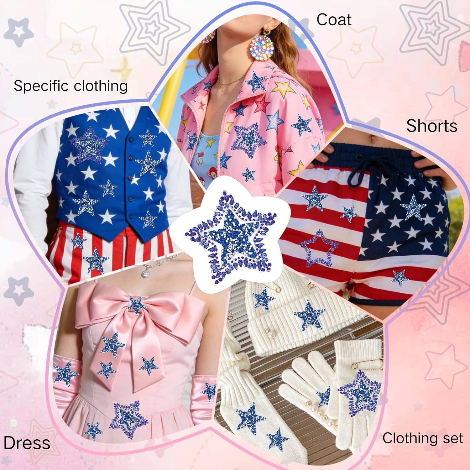 Bijou Joon 14 Pcs Blue Rhinestone Stars Self Adhesive Star Patches Iron on with Rhinestone Applique Patches for Clothes DIY Handbag Ornament Bridal Wedding Dress Fabric Accessories