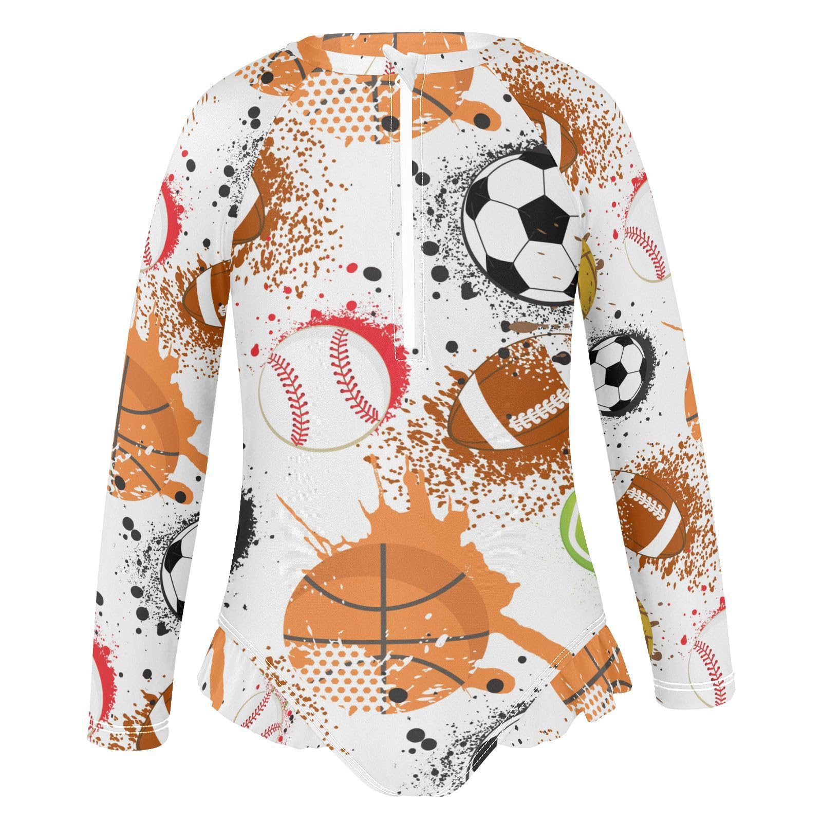 Ollabaky Baby Girls Long Sleeve Swimsuit Sport Balls One Piece Bathing Suit Rash Guard UPF50+ Toddler Girl Swimwear, 11-12T Multi