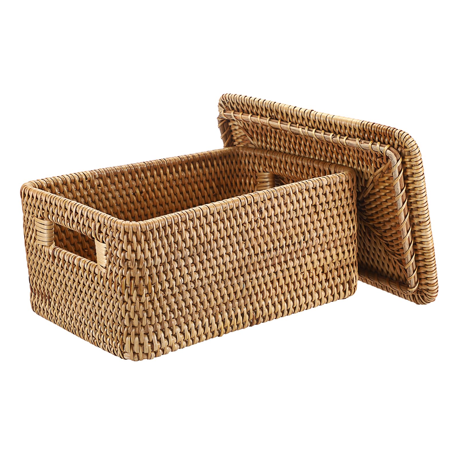 IGNPION Cesto portaoggetti in vimini con coperchio, contenitore decorativo multiuso per mensole, bagno, cucina, soggiorno, ufficio