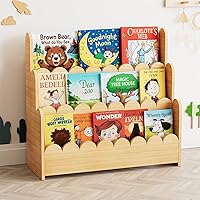 SpaceAid 3-Tier Scalloped Montessori Bookshelf for Toddlers - Natural Wood Bookcase for Nursery, Playroom, Kids Room Display Organizer