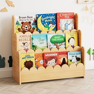 SpaceAid 3-Tier Scalloped Montessori Bookshelf for Toddlers - Natural Wood Bookcase for Nursery, Playroom, Kids Room Display Organizer