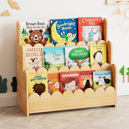 SpaceAid 3-Tier Scalloped Bookshelf, Montessori Bookcase for Toddlers, Wooden Book