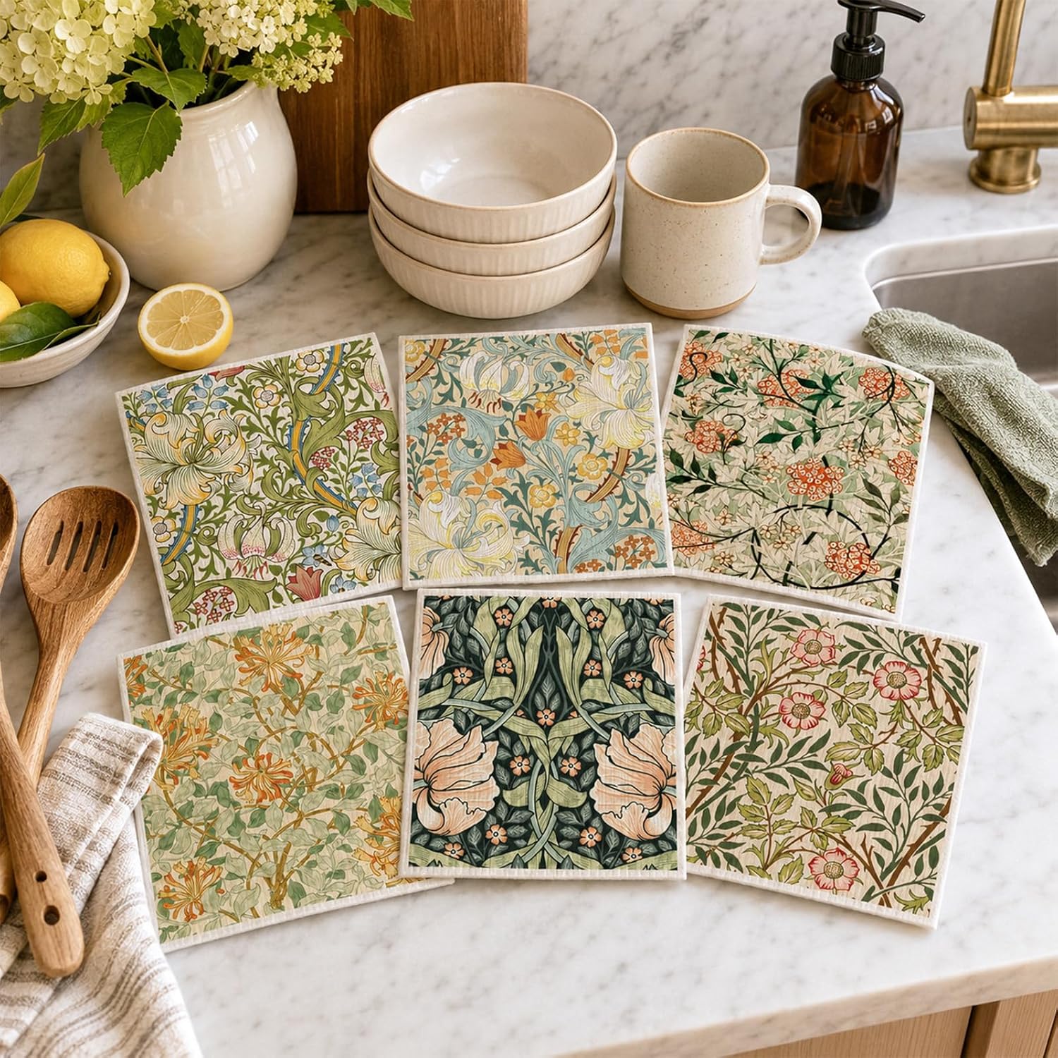 Whaline 6Pcs Swedish Dishcloths Kitchen Towel, Vintage Greenery Floral