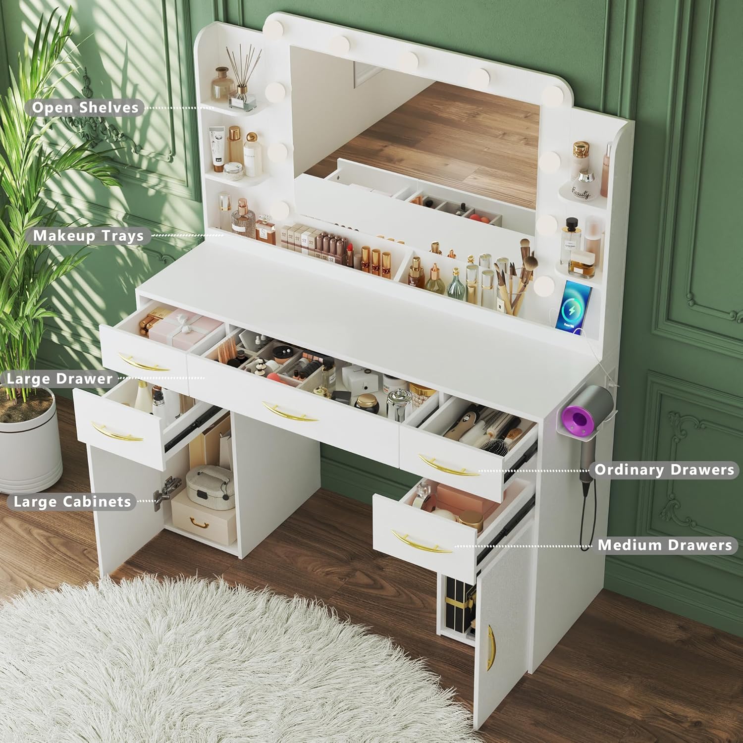Overhead view of the ALEXNUTRE vanity desk showing open drawers, cabinets, and shelves