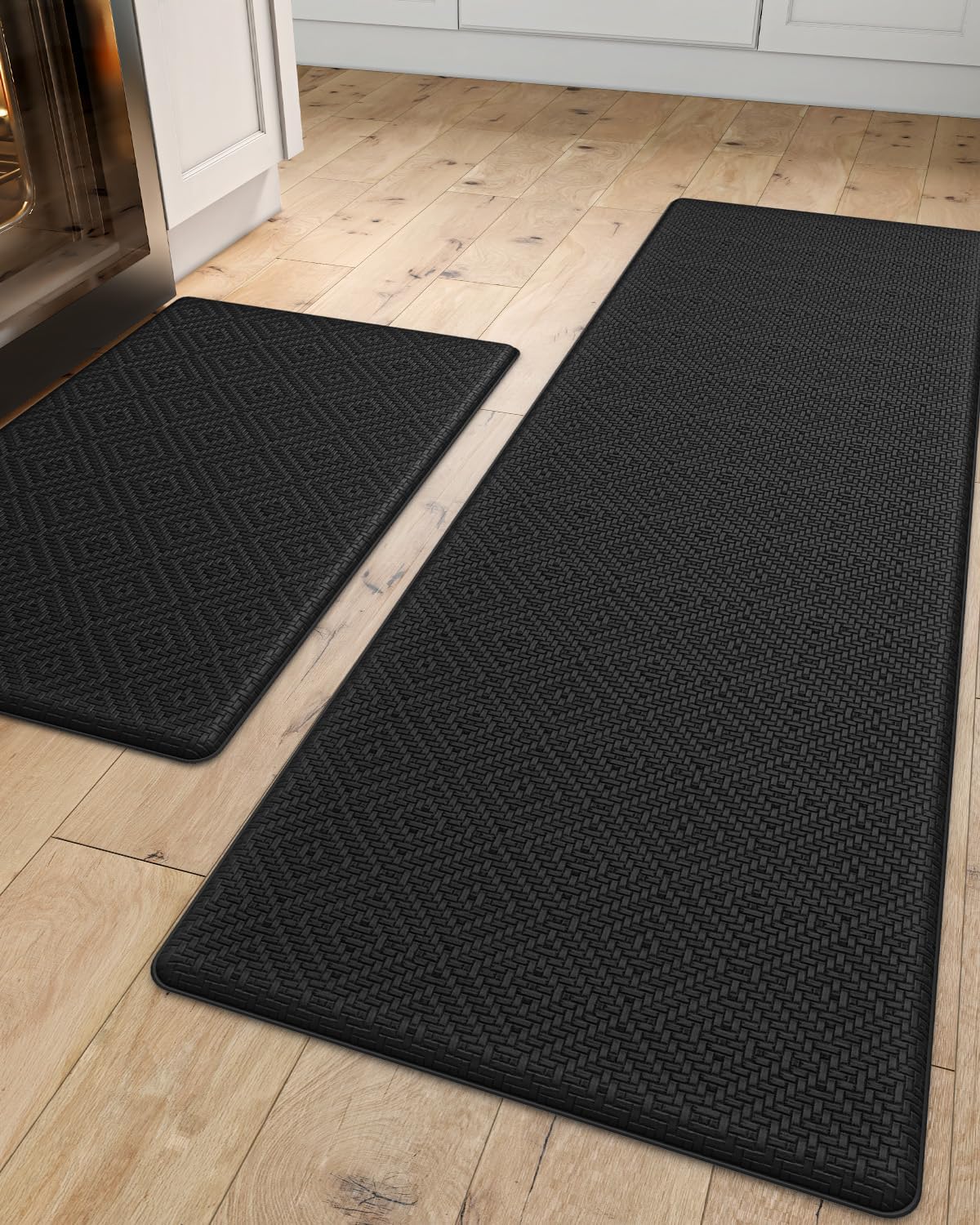 DEXI Kitchen Mats for Floor Cushioned Anti Fatigue, 17x29 + 17x59, Non Slip Waterproof 2 PCS Rug Set, Comfort Standing Mat for Front Sink Office Laundry, Black