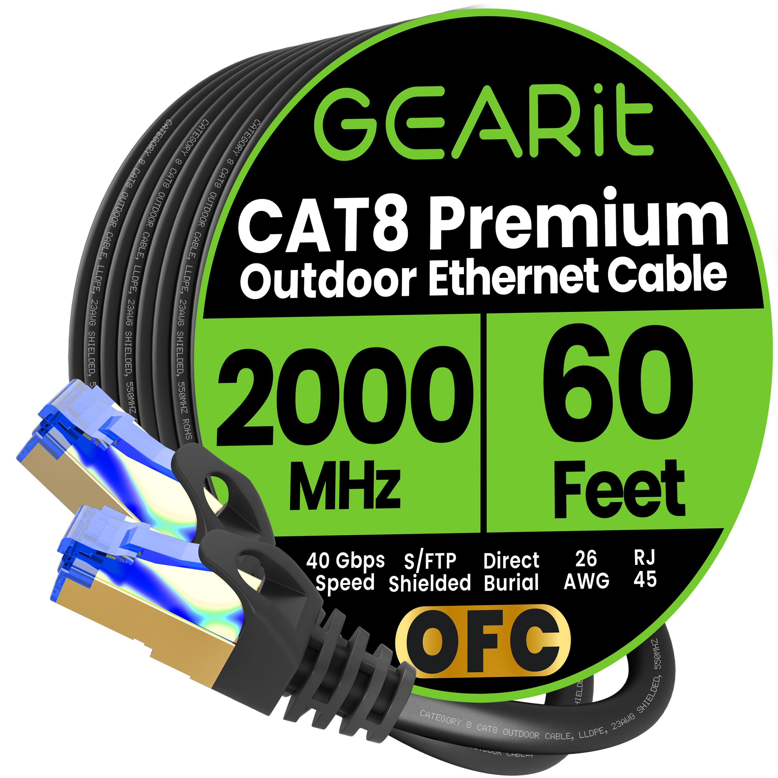 GEARit Cat8 Outdoor Ethernet Cable (60 Feet) Waterproof, Direct Burial, In-Ground, LLDPE UV Jacket, Pure Copper, 26AWG, 40Gbps 2000Mhz SFTP Patch Cord