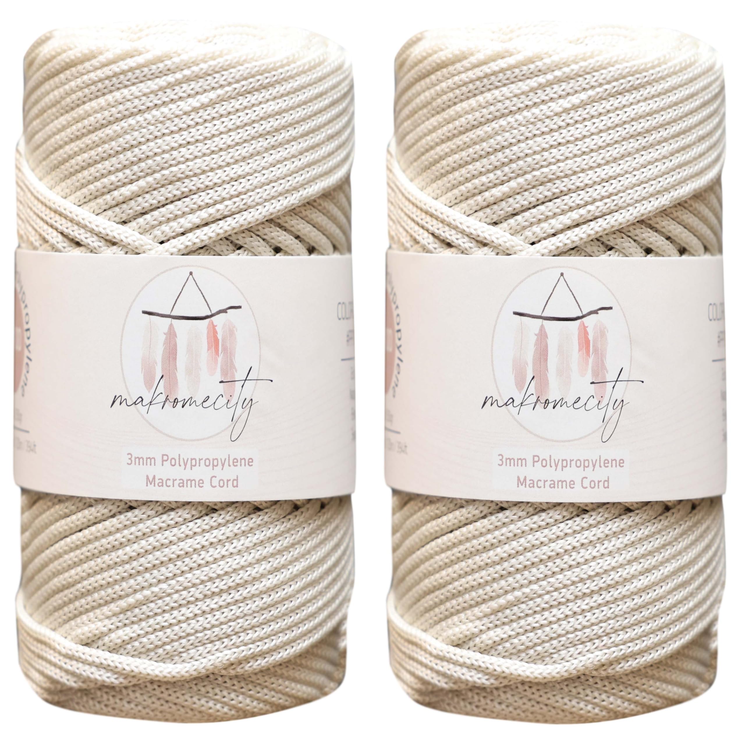 Makromecity 2 Skeins Polyester Macrame Cord 3mm x 131 Yards (394 Feet) Polypropylene Ecru Cord for Crochet, Crafts, Wall Hangings, Bags, Underplate, Rug
