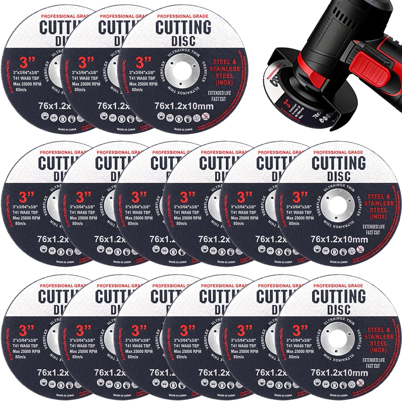 15 Pack 76mm Cutting Discs for Angle Grinder, 76 x 1.2 x 10 mm Metal Cut Off Wheels, Precise and Aggressive Angle Grinder Discs for Metal, Aluminum & Stainless Steel