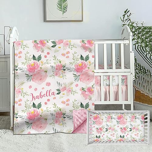 Juego de ropa de cama personalizada para cuna para bebé, niña, juego de ropa de cama personalizado con nombre, ropa de cama de bebé de rosa floral,