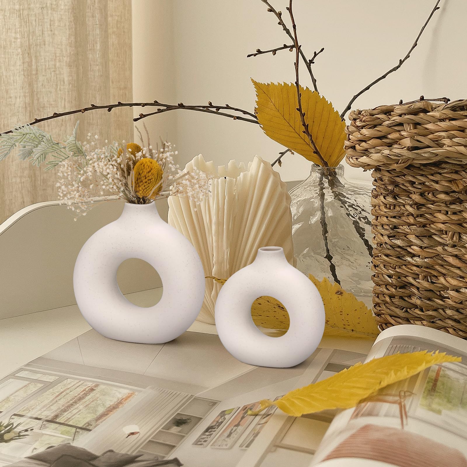 Set di 2 Vaso di Ceramica,Vase Decoratif Vaso Ceramica Rotondo da Fiori Decorativo in Stile Moderno per La Decorazione del Soggiorno Camera da Letto e Dell'ufficio