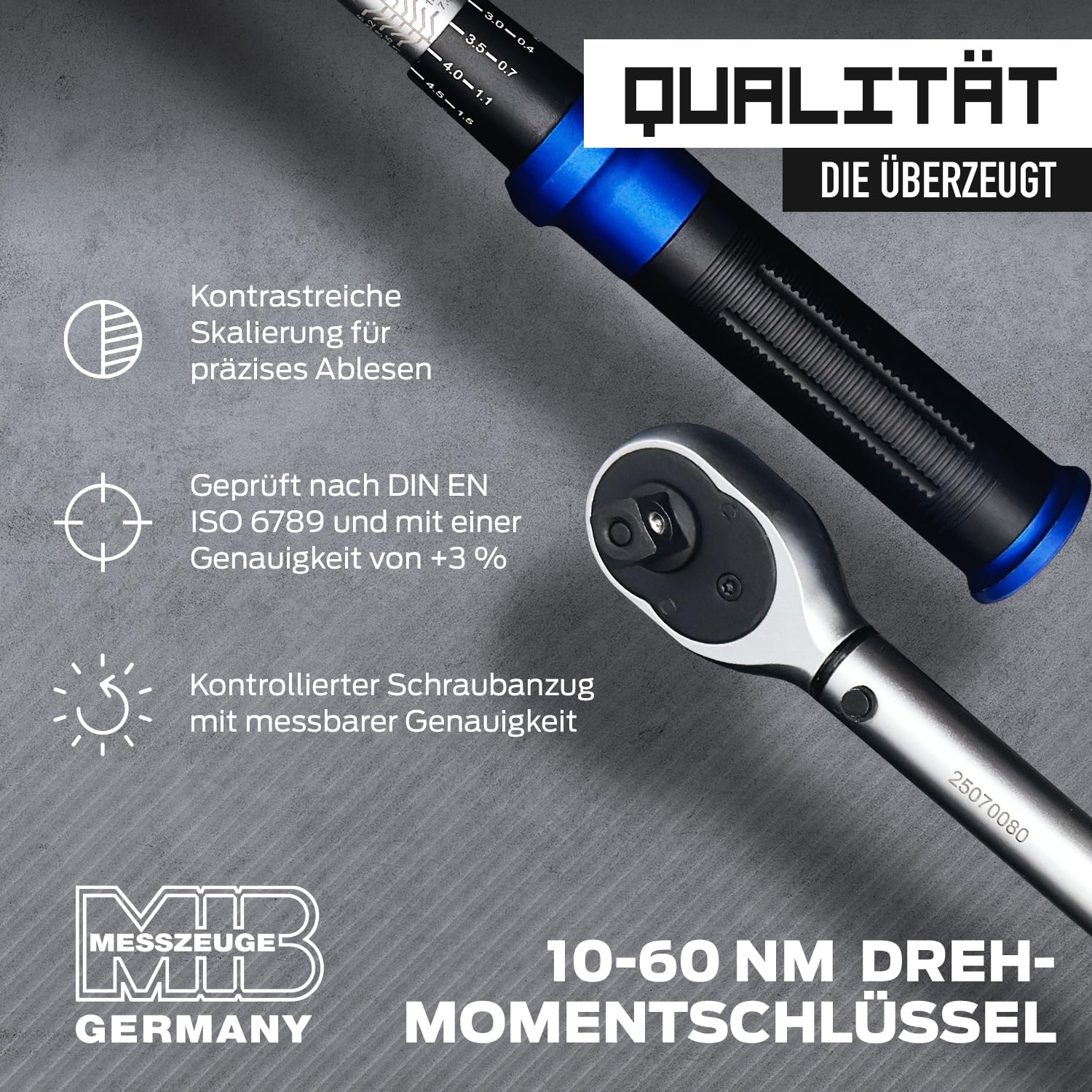 MIB Clé dynamométrique 3/8" 10-60 Nm | Clé dynamométrique conforme à la norme DIN EN ISO 6789 | Clé dynamométrique de précision pour vélo, voiture et moto | Outil de vélo | Outil de voiture avec étui
