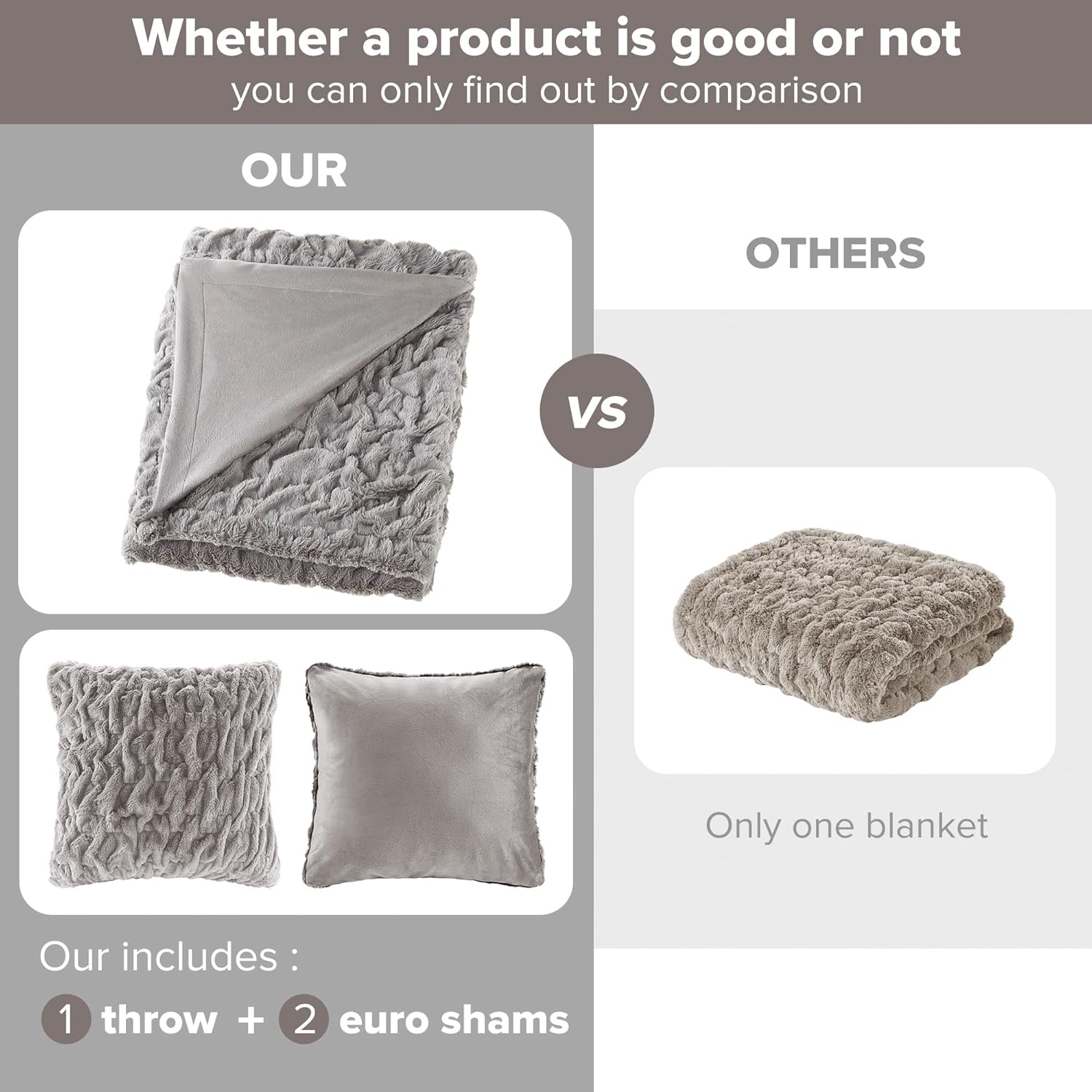 Comfort Spaces Ruched Faux Fur Plush Throw Blanket and Pillow Set with 2 Matching Square Pillow Covers Sofa Throw Blanket for Living Room, Chair, Couch, Home Office Luxurious Fuzzy Soft Grey 50"x 60"