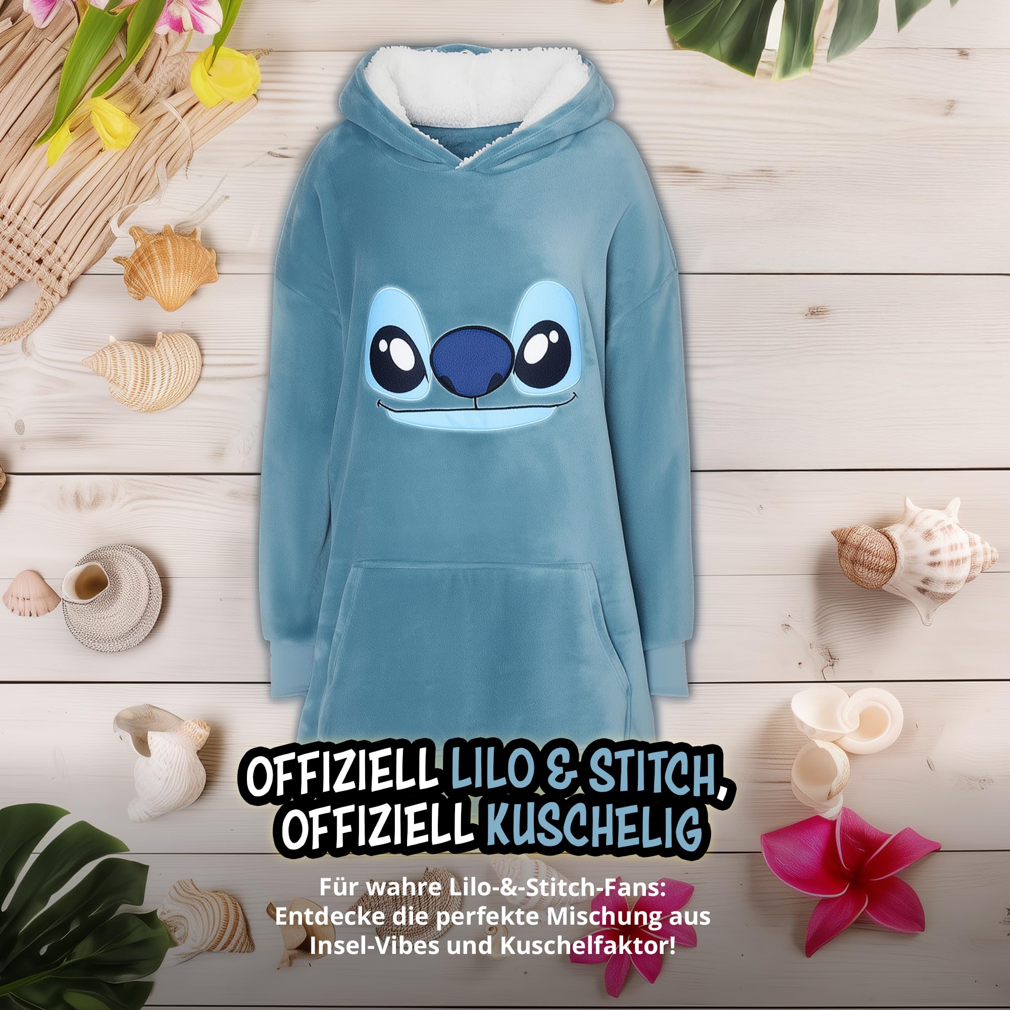 United Labels Disney Lilo & Stitch Oversize Hoodie Decke mit Ärmeln und Kapuze für Damen, Blau, Ohana, Kuschelpullover Einheitsgröße, Flauschiger Deckenpullover