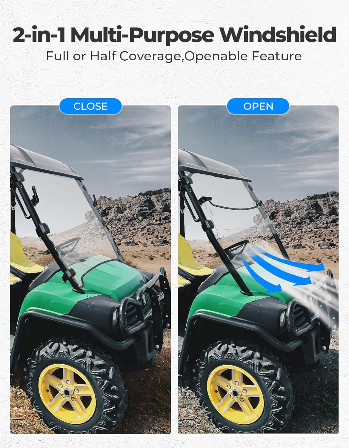 KEMIMOTO Front Windshield Compatible with John Deere Gator HPX 620i 625i 825i XUV 850 XUV855D Windproof Flip Heavy Duty Scratch Resistant Windscreen with Flip Window