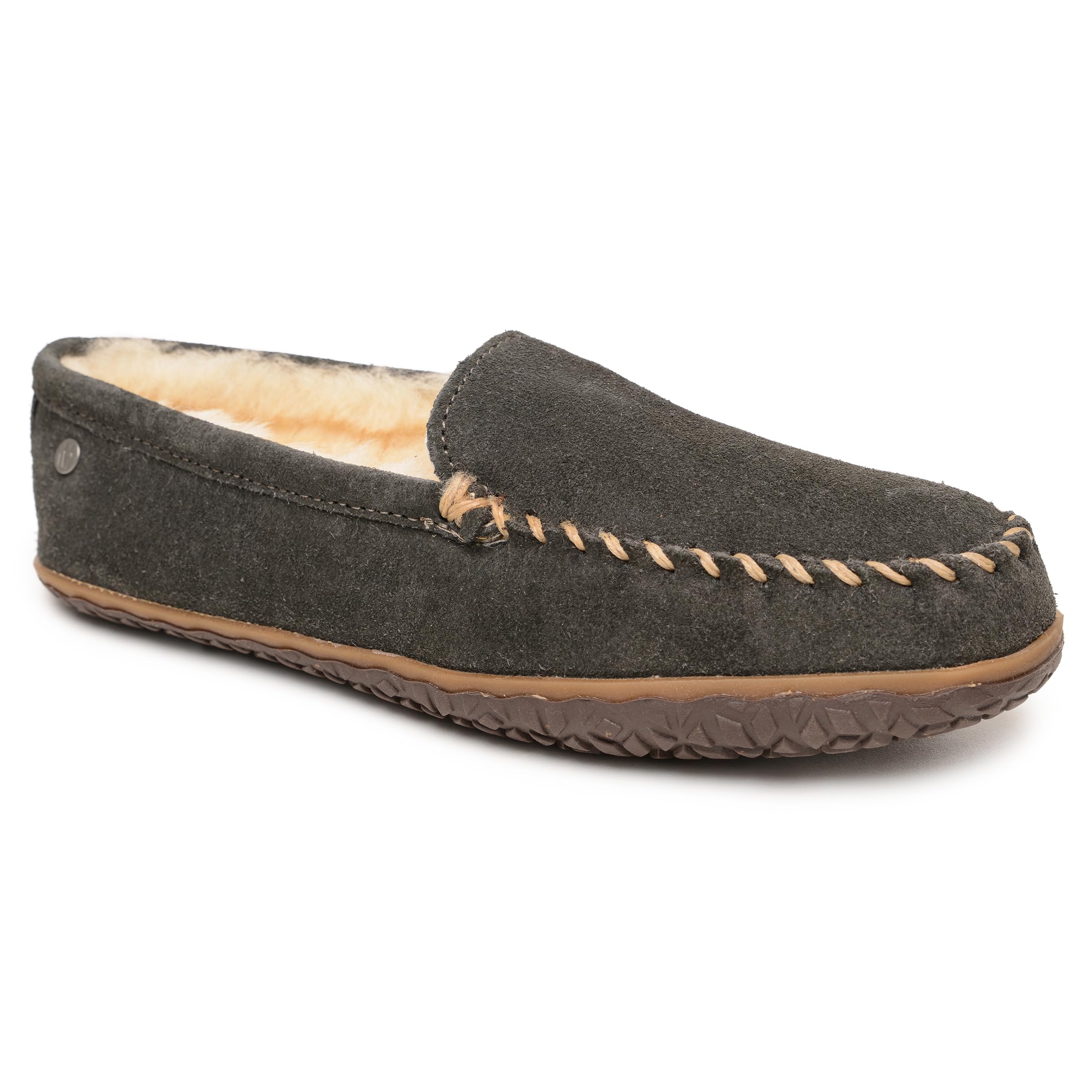 Minnetonka Tobie Men's Suede Mocassins, Fur Lined Sheepskin Slippers with Durable Indoor-Outdoor Sole