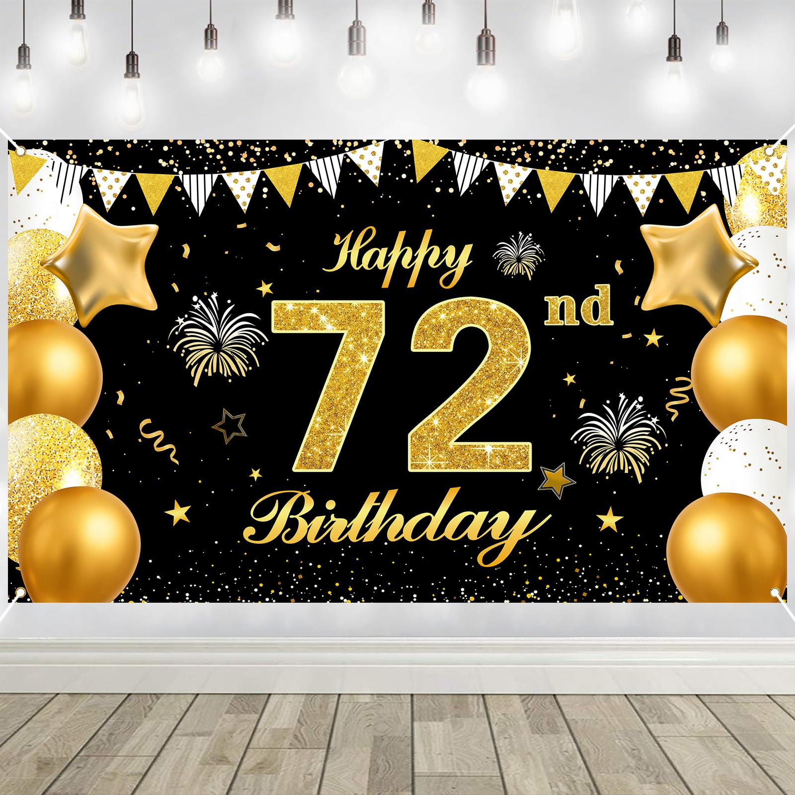72nd Birthday Decorations Banner Gold Black Happy Birthday Door Banner for Party Photo Backdrop for Men Women Home Outdoor Cover Party Decoration Supplies Poster