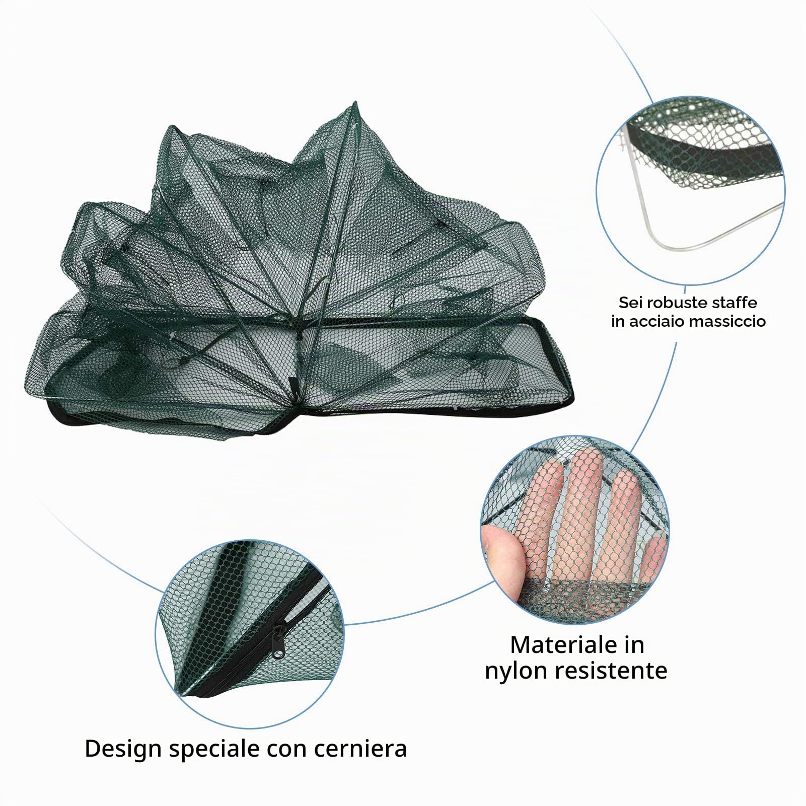 Yosoo Rete Trappola da Pesca Portatile, Trappola a Rete da Pesca in Nylon Pieghevole con 6 Fori per catturare anguille odorose Granchio Aragosta Pesce Gamberetti e aragoste