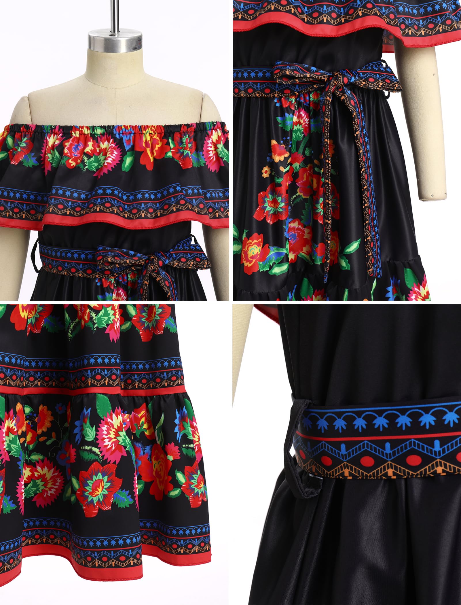Mexikanisches Kleid für Mädchen, Sommer, Boho, Blumenmuster, Drapierkleid, schulterfrei, ausgefallenes traditionelles Cinco de Mayo Fiesta, Folklorico-Kleid, Bohemian-Kleid, lässig