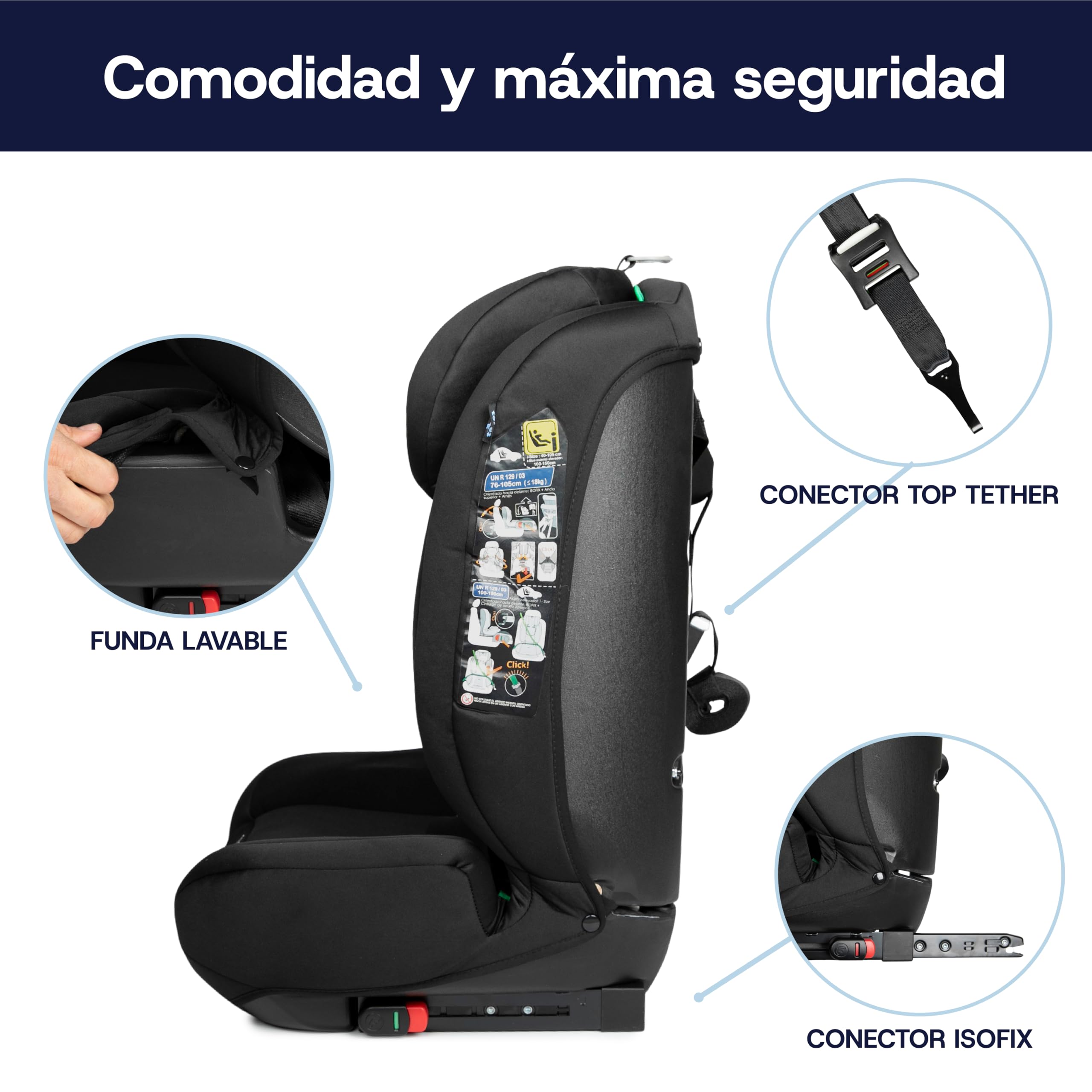 toral Silla Coche isofix 9-36 kg i-Size R129 – Arnés 5 puntos, reposacabezas ajustable – Silla Coche Bebe 76 a 150 isofix – Seguridad evolutiva para niños en trayectos y viajes – Modelo Silverstone+