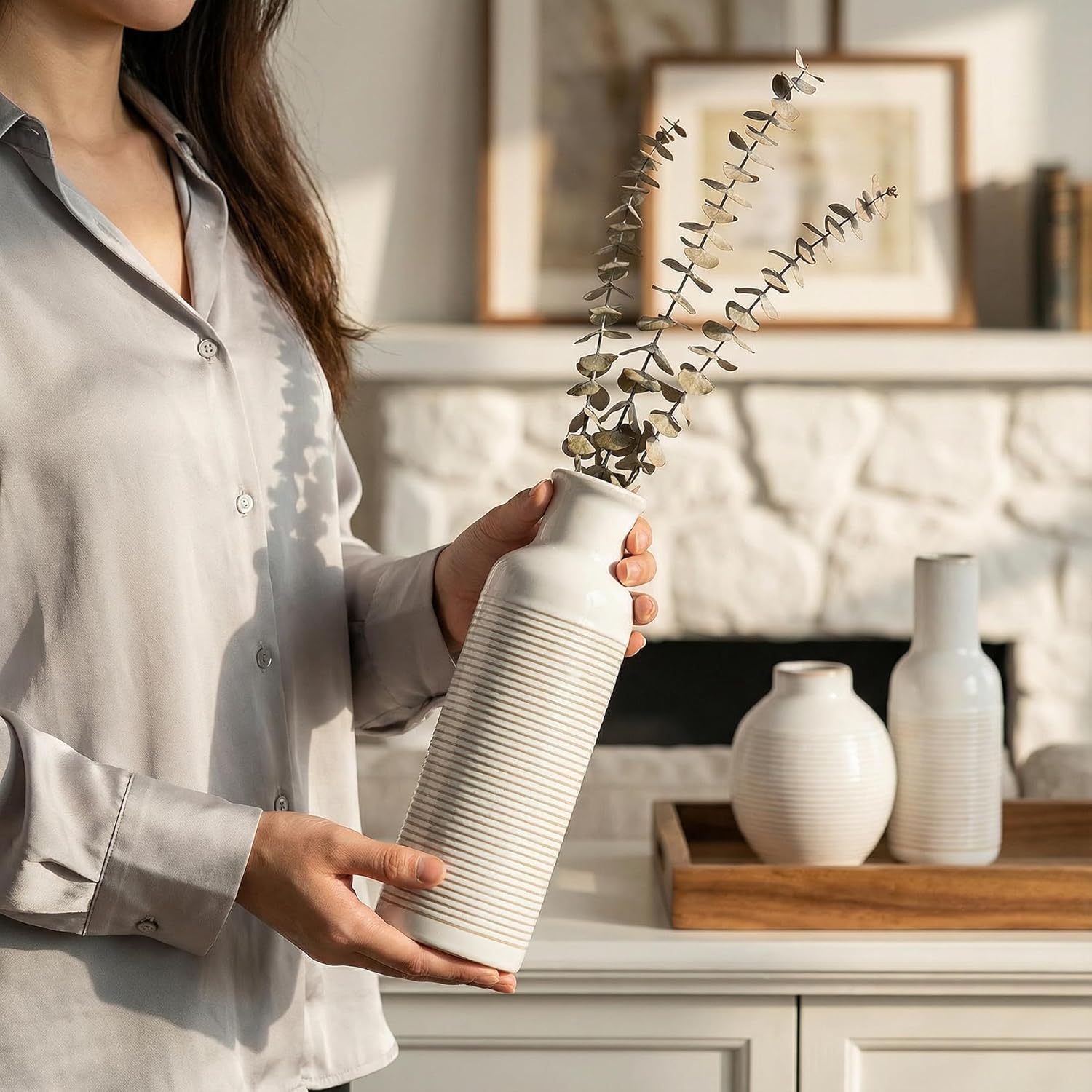 Rustic Farmhouse Vase Set of 3 - Ceramic Decorative Modern Flowers Vases Home Decor - Pampas Grass Dried Fresh Flowers - for Centerpiece, Table, Mantel Entryway, Living Room, Kitchen, Bedroom - Image 5