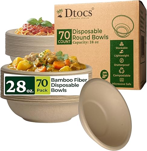 Miniatura 12 de Dtocs Cuencos desechables de fibra de bambú – 20 oz, 50 paquetes | Cuenco redondo de bambú | Cuenco de bagazo apto para microondas para sopa,