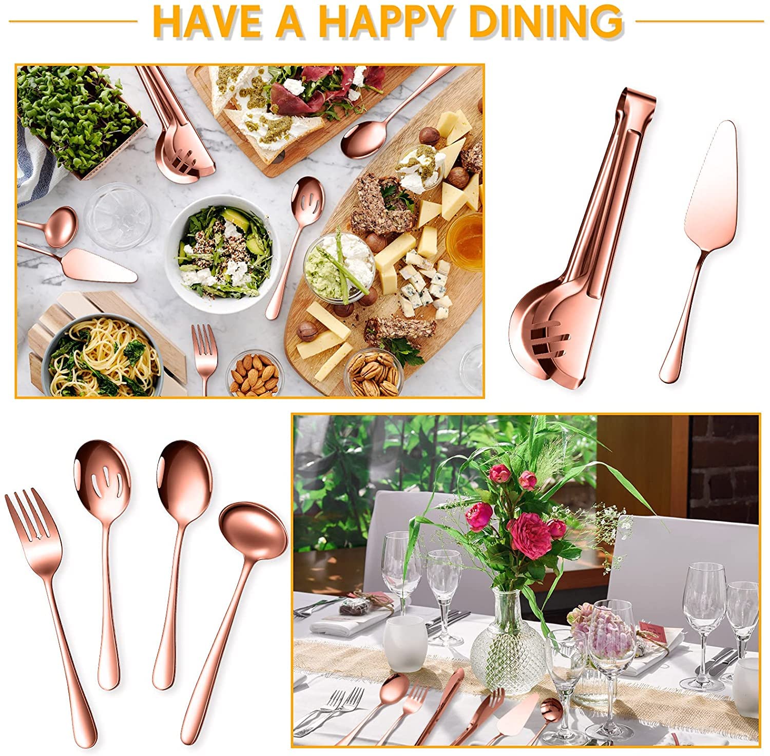 Gli utensili da portata includono grandi cucchiai da portata scanalati, forchette da portata, pinze da portata, mestolo da zuppa e utensili da portata per catering, lavabili in lavastoviglie (oro