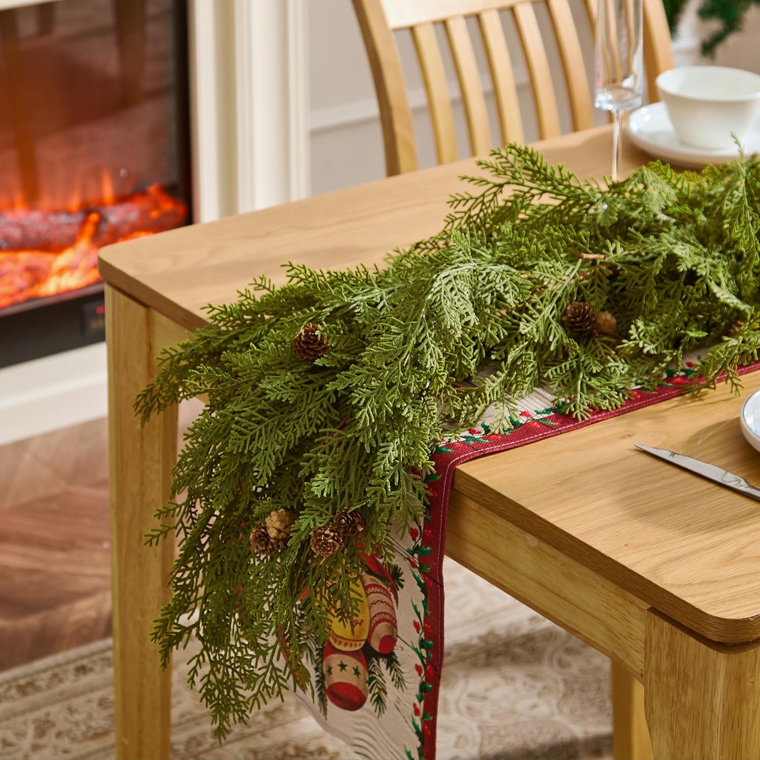 6ft Christmas Real Touch Cedar Garland with Pine Cones, Artificial Realistic Cypress Garland Light Green for Mantle Fireplace & Stairs Railing Unlit Faux Greenery Decorations for Indoor Xmas Decor - Image 3