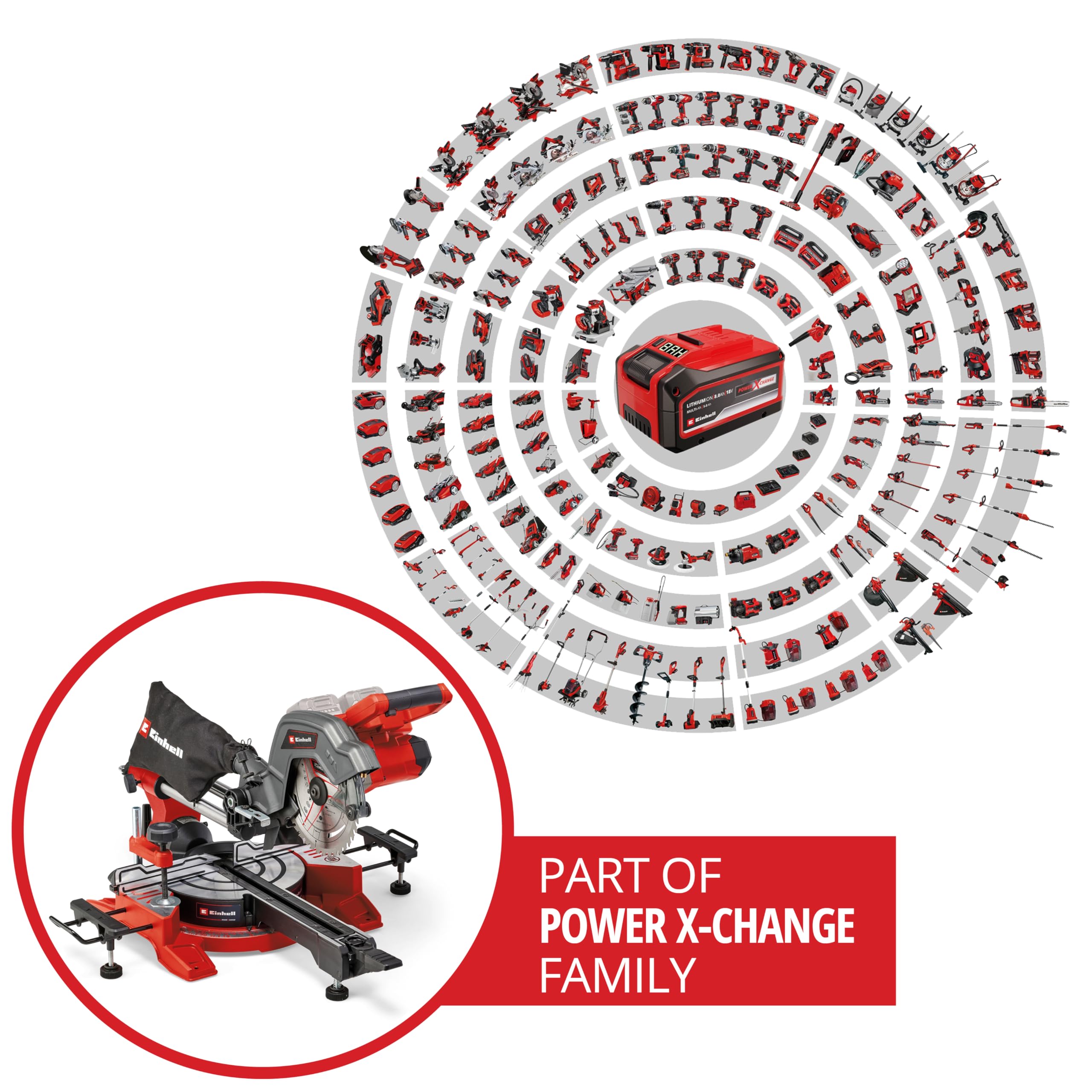 Sierra de tracción, vaivén e inglete con batería TE-SM 36/8 L Li-Solo Power X-Change de Einhell (36V, hoja de sierra Ø 216, mesa giratoria, función de tracción, láser de línea de corte, sin batería)