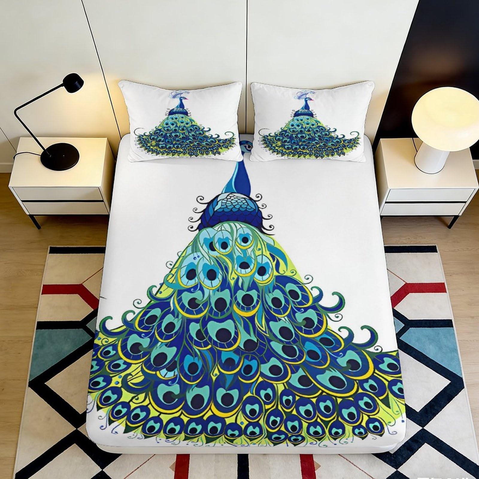 Pnayamiorkfel Style-4 3D Printed Peacock Feather Fitted Sheet Microfiber Soft Blue Green Art Mattress Cover For Bedroom Dorm Decor 90X200x25cm