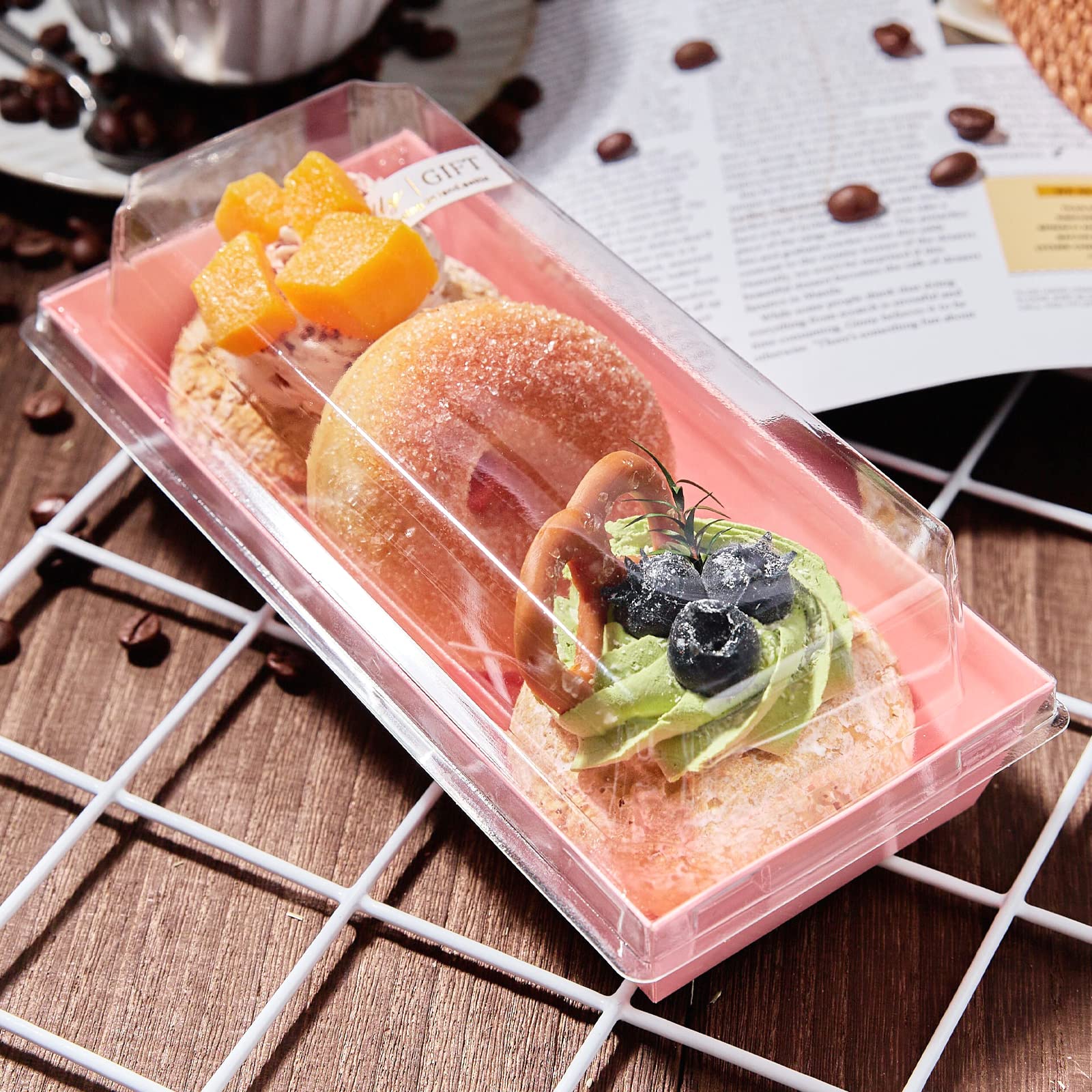Ocmoiy 100 scatole di carta per salumi con coperchi trasparenti sicuri, contenitori rettangolari usa e getta per dessert, scatole da forno rosa per fragole, biscotti, bombe al cacao caldo, cupcake,