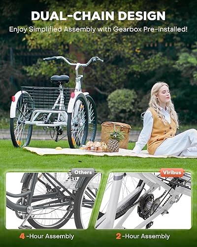 Miniatura 3 de Viribus Triciclo para adultos, triciclo de 7 velocidades para adultos con doble cadena, triciclos para adultos para mujeres, hombres y personas