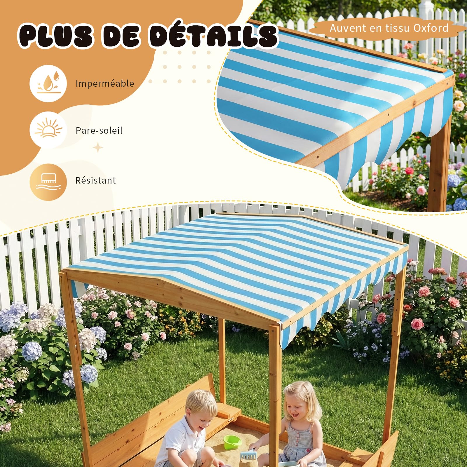 LEADZM Bac à Sable en Bois pour Enfants avec Couvercle Toit et Banc, 118.2 x 113 x 151.5 cm, Grand Bac à Sable Extérieur pour Jardin, Plage, Parc, Cadeau pour Garçons et Filles de 3 à 12 Ans