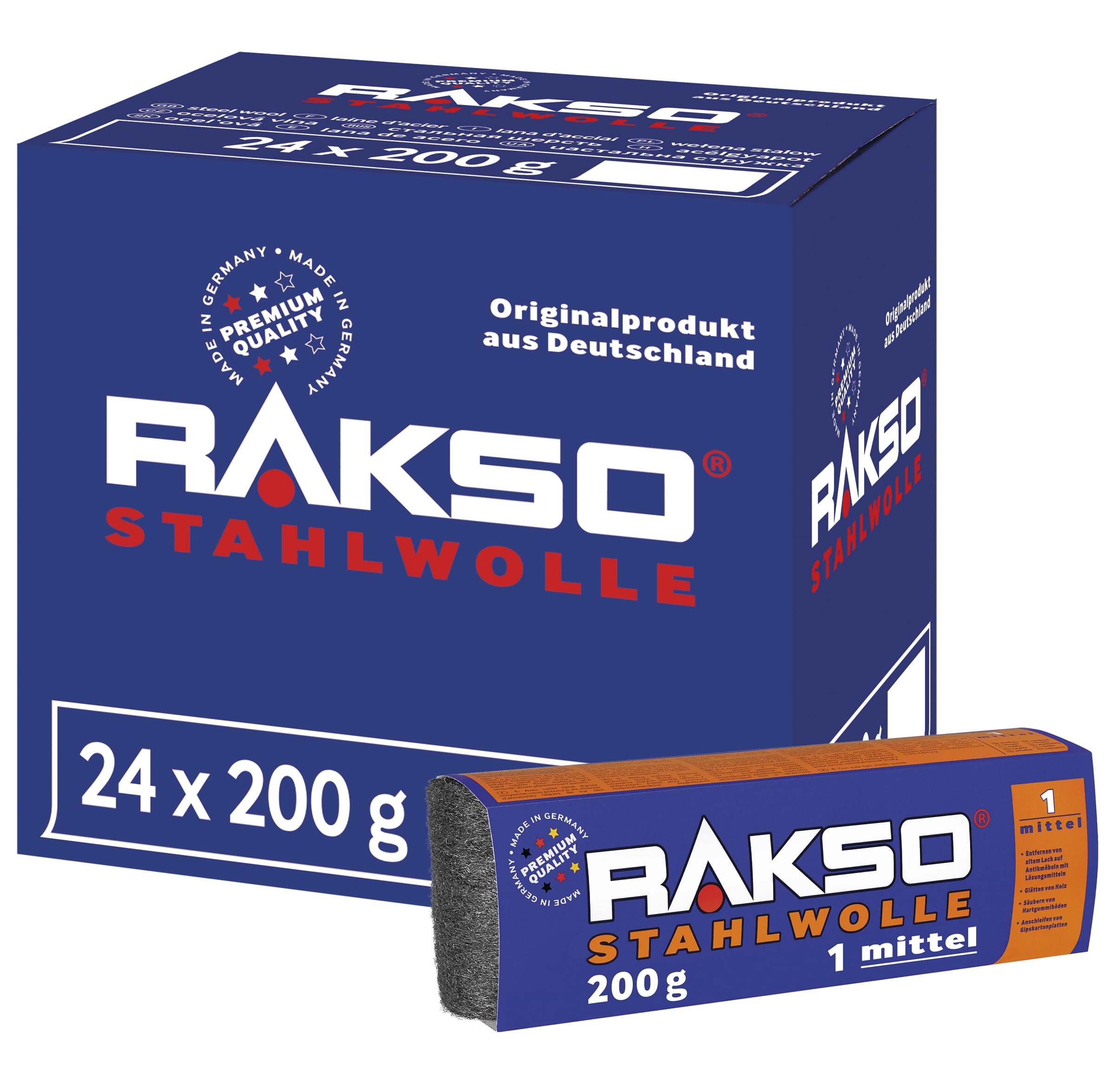 RAKSO Stahlwolle mittel 1-4,8 kg, 24 Banderolen à 200g, glättet Holzoberflächen, entfernt alten Lack v. Antikmöbeln, säubert Hartgummiböden