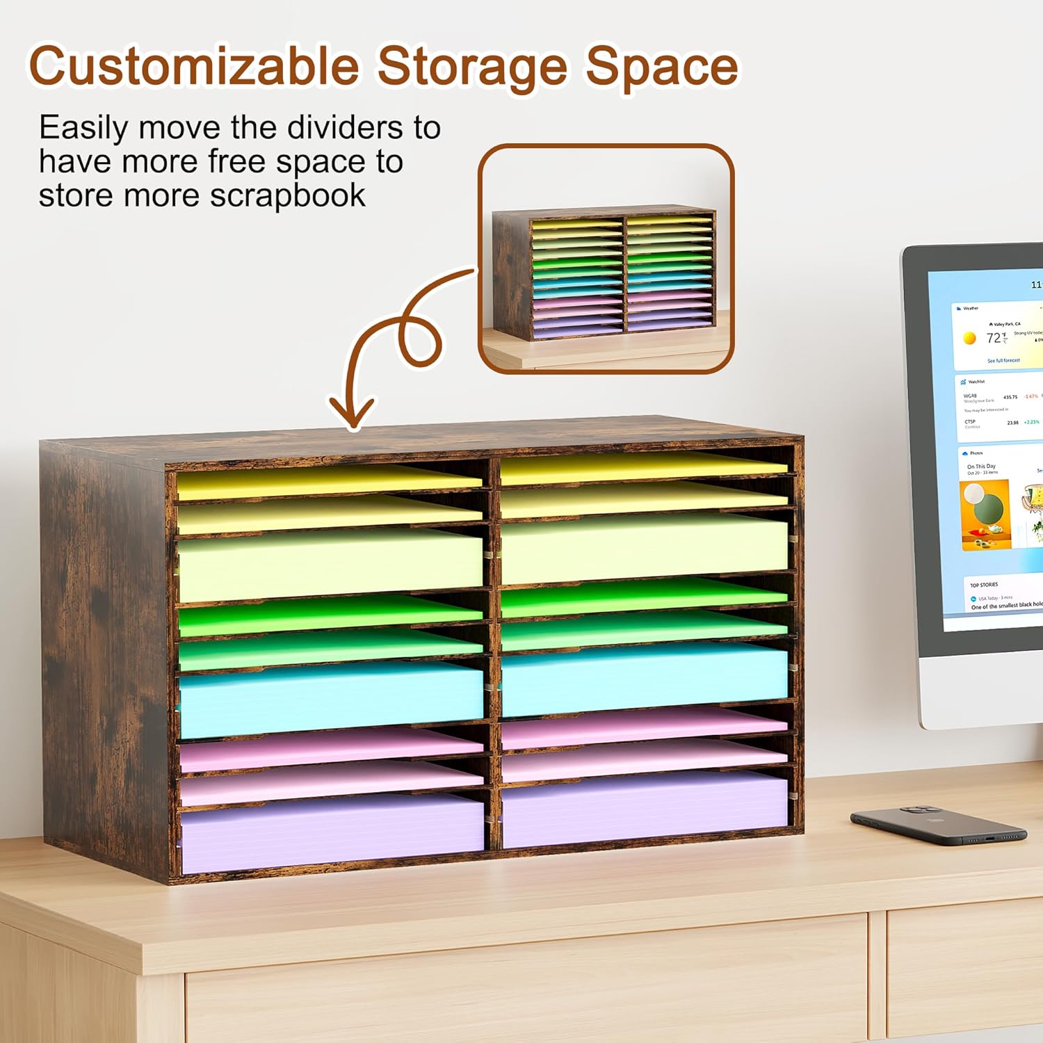 EasyPAG Scrapbook Paper Storage Organizer for Craft Room, 12x12 Paper Storage Desk Shelf, 24 Slot Adjustable File Sorter for Office School Classroom, Antique