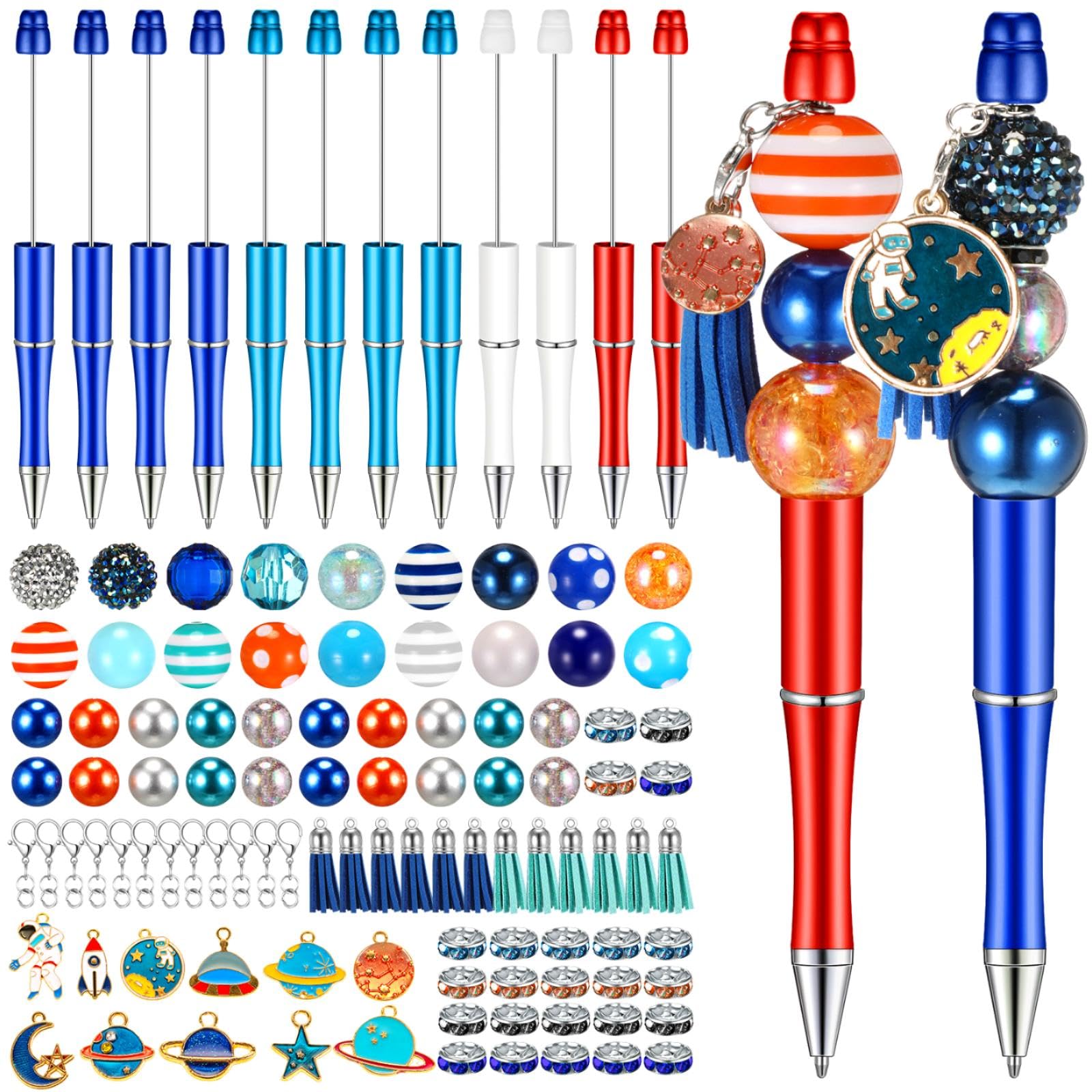 12 Pcs Plastic Beadable Pens with 70 Pcs Colorful Beads Crystal Beads 12 Tassels 12 Pendants Assorted Bead Pens Bulk DIY Beaded Pens for Office School Women Kids Students Gifts (Space)