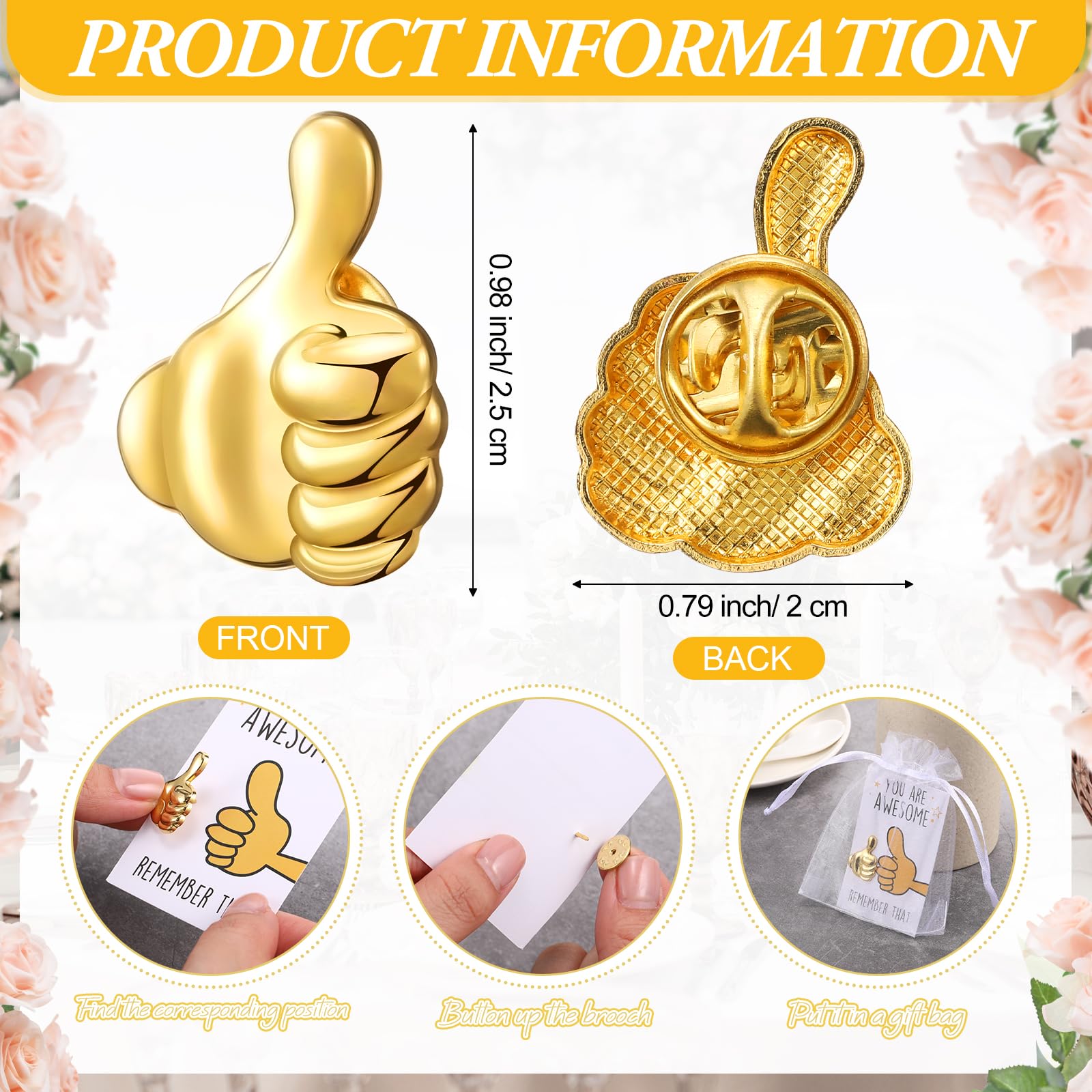 Tondiamo 12 Sets Employee Appreciation Gifts Bulk Inspirational Thumbs up Lapel Pins with Thank You Cards Organza Bags Recognition Gifts for Coworker Staff Teacher Team Employee of the Month Pin