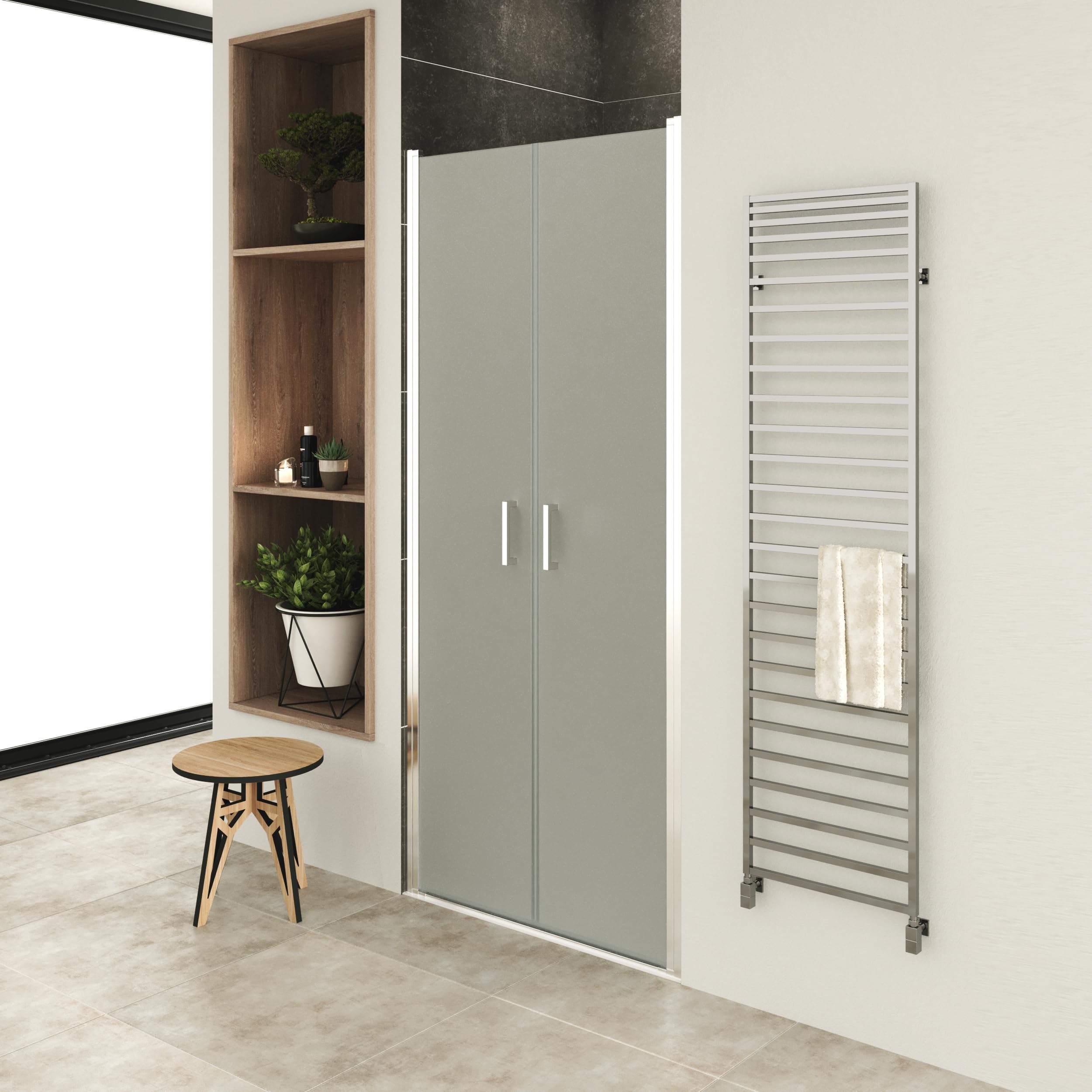 Mampara de Ducha LARA, Puerta Doble Abatible 77-80 x 195 cm - Vidrio de Seguridad Satinado ESG 6MM, Perfiles Cromo #NF