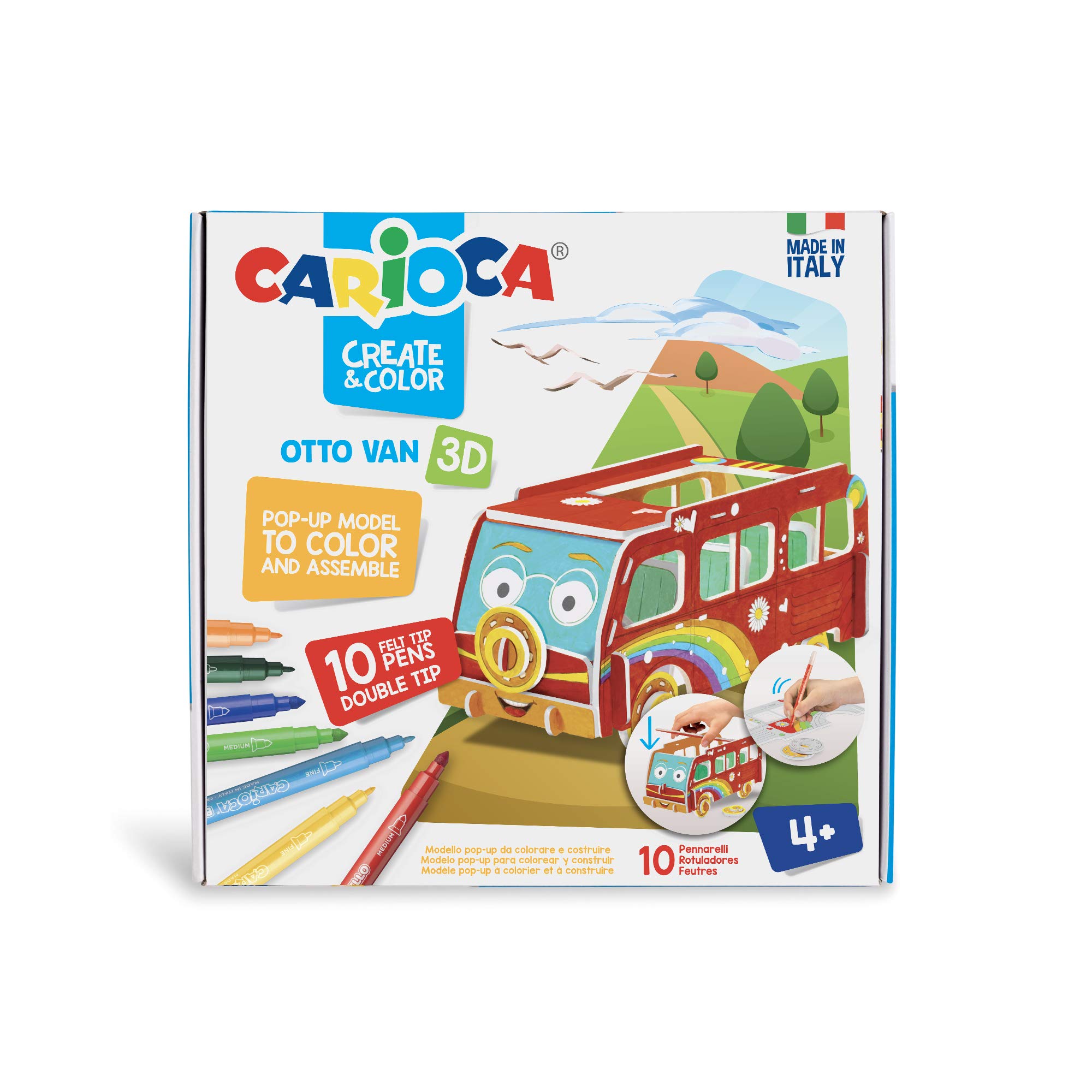 Carioca Caja de juego para colorear y construir | Modelos Pop-Up diseño transporte Otto Van 3D | Contiene 10 rotuladores superlavables con doble punta, fina y media