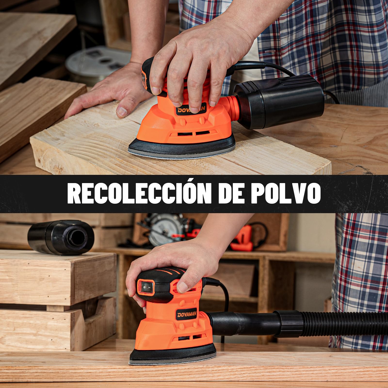 DOVAMAN DLS03A Lijadora Eléctrica de Madera 130W - 12000 RPM Con Colector de Polvo, 12 Piezas de Papel de Lija - Liviana y de Baja Vibración Para Madera y Acero