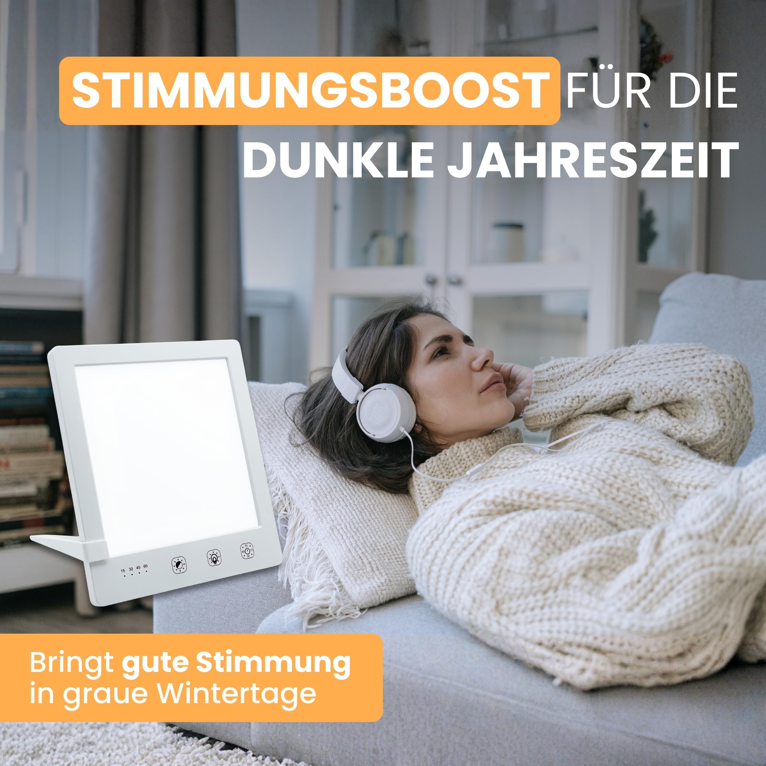 Tageslichtlampe bis 10000 Lux, Lichttherapielampe zur Simulation von Tageslicht, Therapielampe daylight sad lamp, Lichtdusche inkl. Ständer, Tasche & USB-C Kabel