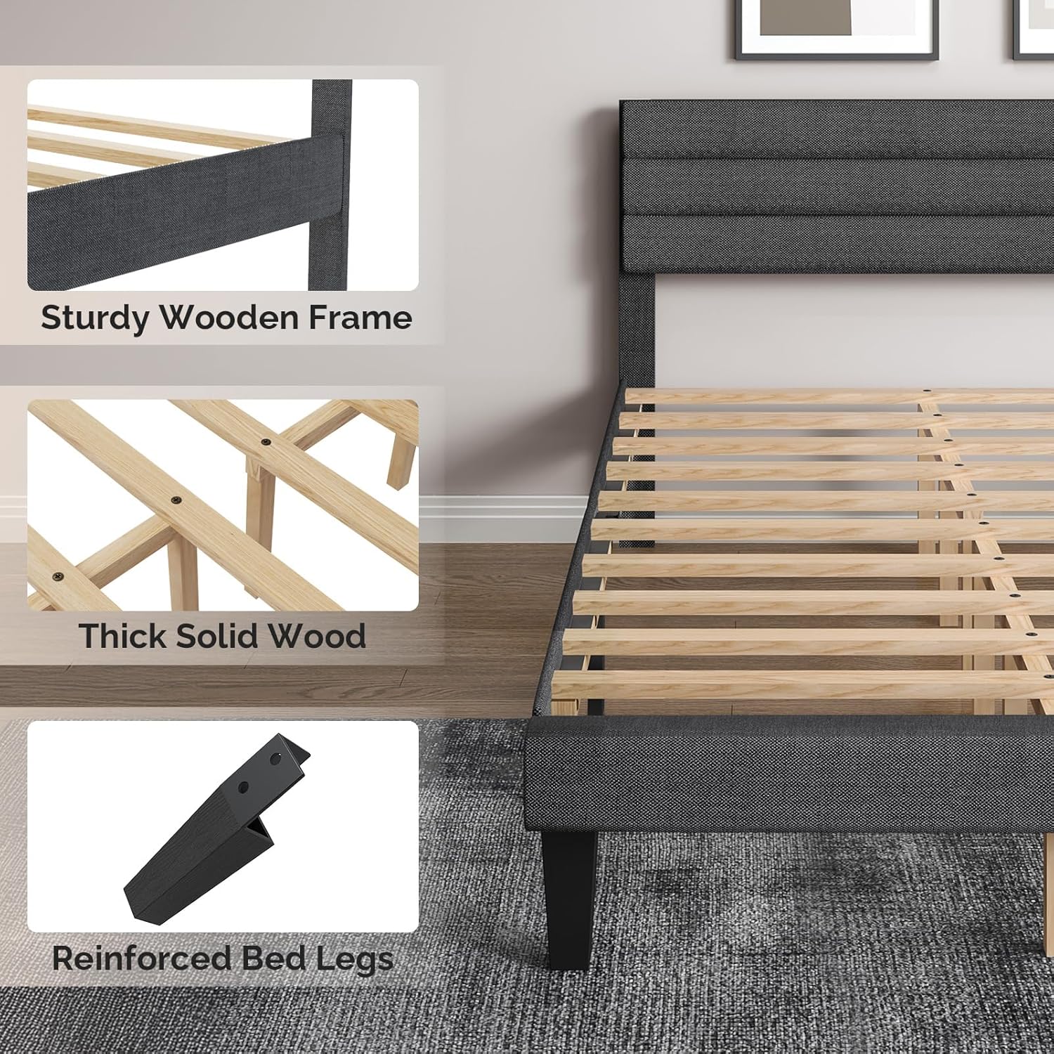 VINGLI Twin Bed Frames for Kids with Headboard, Mattress Foundation with Cozy Linen Upholstered,No Box Spring Needed,Stable Wooden Slats Support, Dark Gray