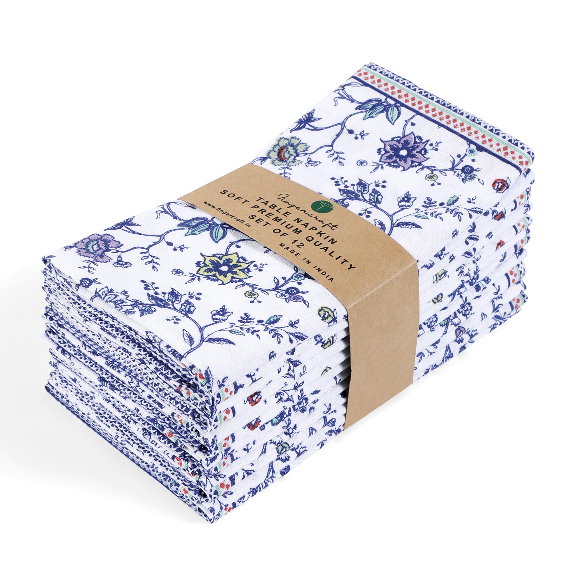 Lot de 12 serviettes de table imprimées FINGERCRAFT en coton et lin avec coins à onglets, lavables et réutilisables, 50,8 x 50,8 cm, bleu prairie