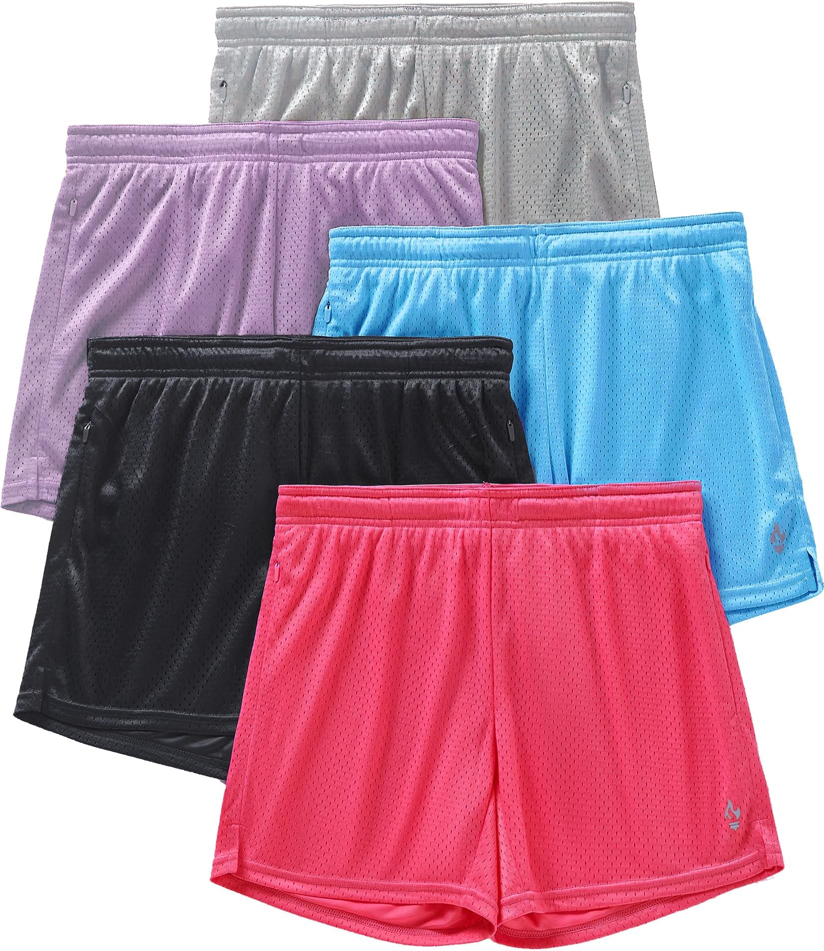 5-Pack Womens Athletic Shorts Mesh Basketball 5" Inseam Ladies Active Sports Set with Zipper Pockets